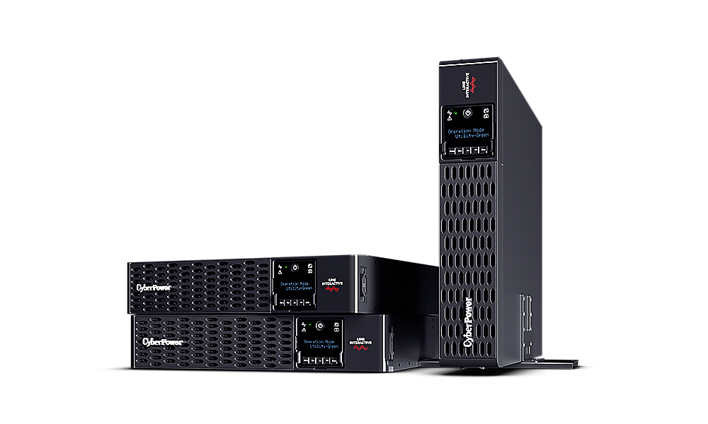 Three CyberPower uninterruptible power supply units (UPS) with black casings and digital displays.