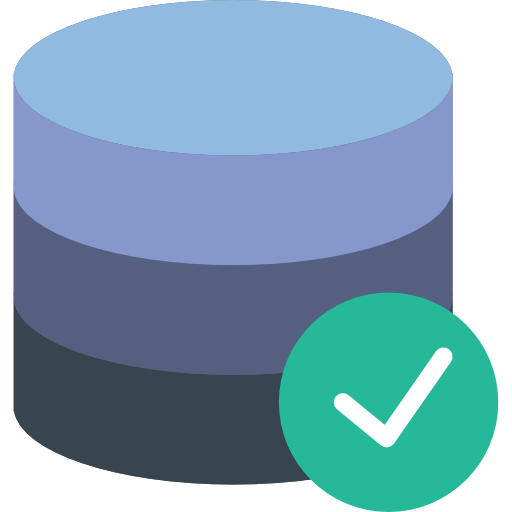 Illustration of a stacked database icon with a checkmark in front.