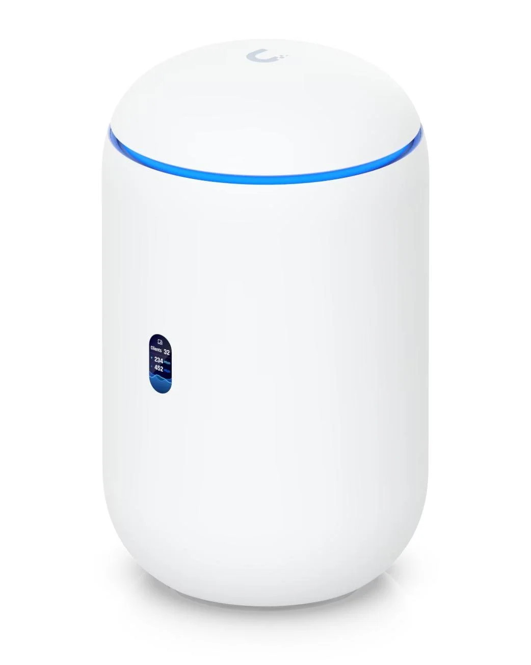 A UniFi Dream Router 7: modern, white cylinder design with a blue LED ring on the top and a digital display on the front.