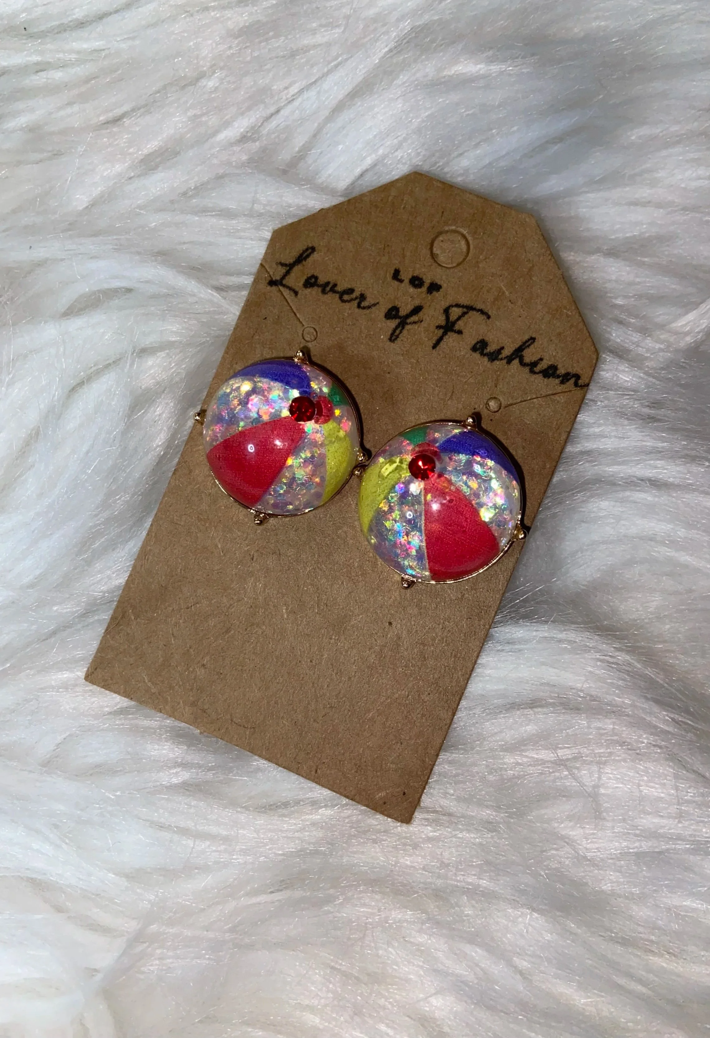 Beachball earrings with holographic and red accents, perfect for summer vacations and beach goers, because Summer's still here!