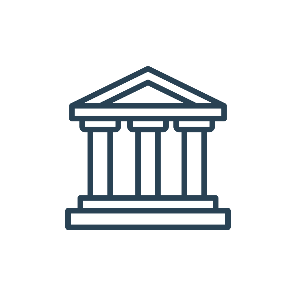 Outline of a classical building with columns and a triangular pediment, symbolizing a government or historical institution.