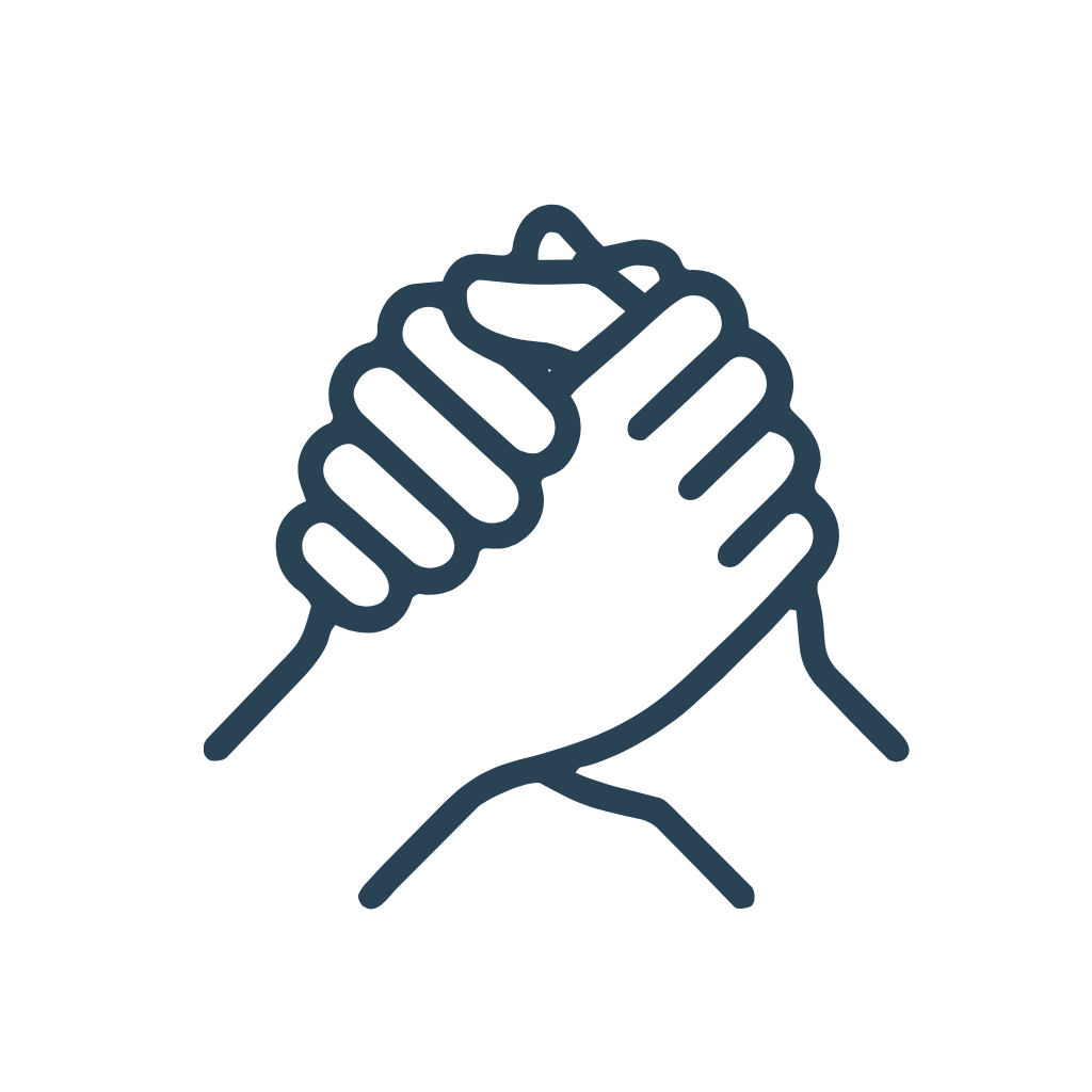Two hands holding each other in a bond or handshake, outlined in dark blue on a black background.