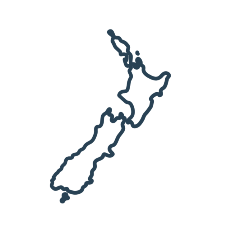 Outline map of New Zealand with a dark background.