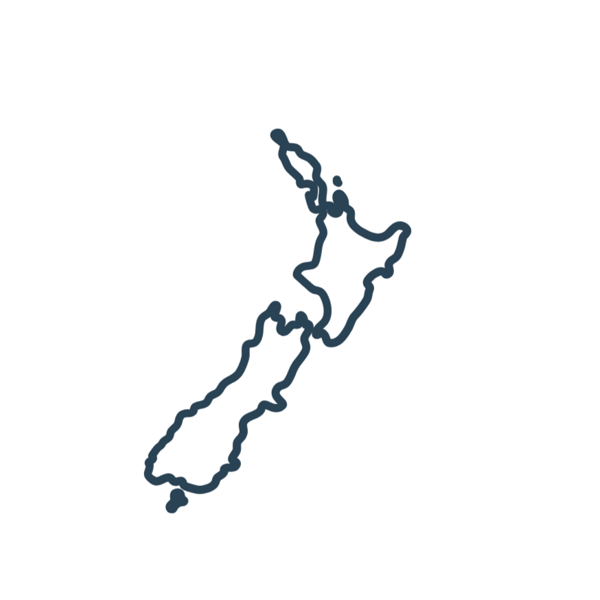 Outline map of New Zealand with a simple line drawing of its borders.
