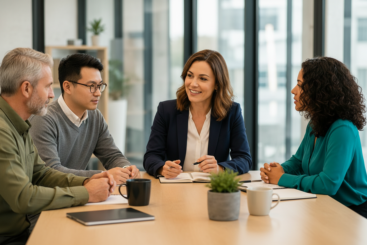 Four business professionals sitting at a table in a meeting room with large windows, engaged in discussion and smiling, with notebooks, mugs, and a plant on the table.