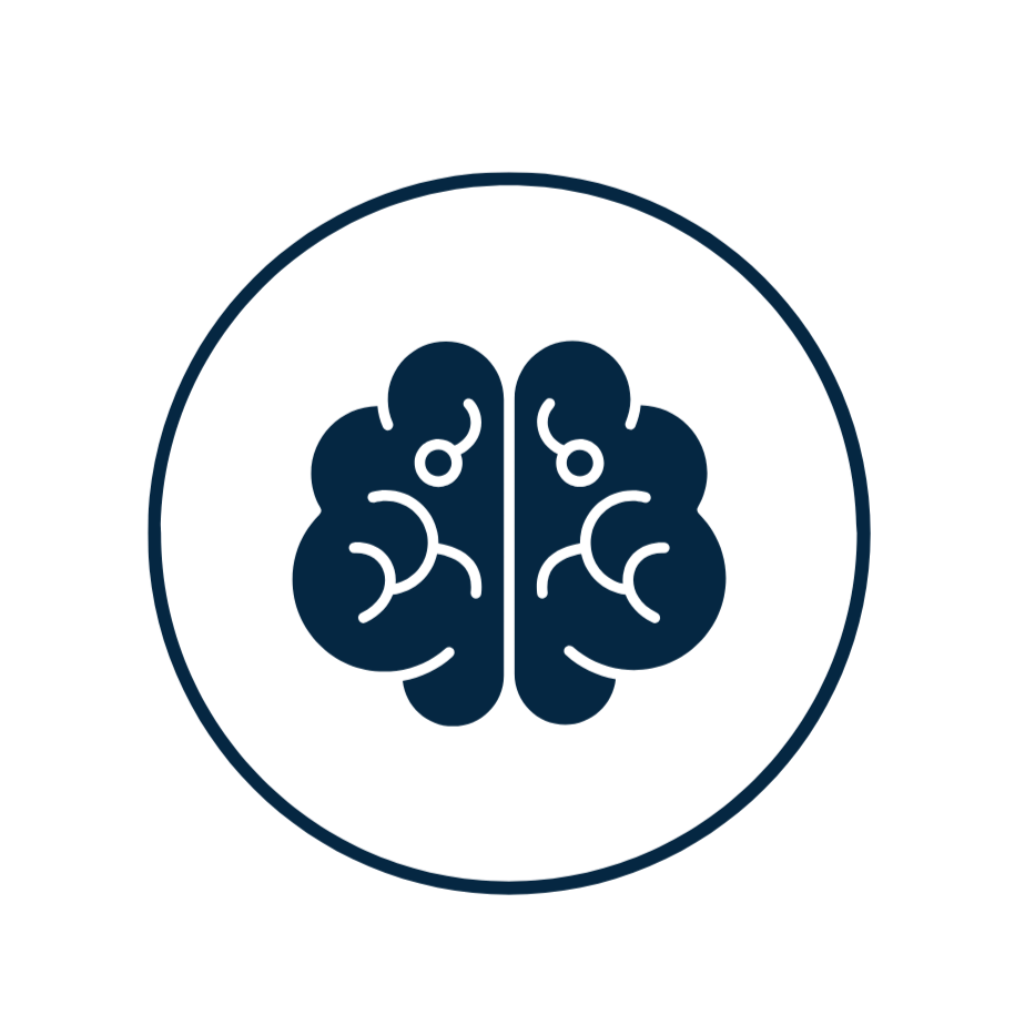 A blue line drawing of a human brain inside a circle on a black background.