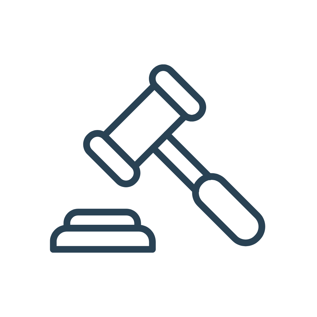 Outline icon of a gavel hitting a sound block, symbolizing legal or judicial authority.