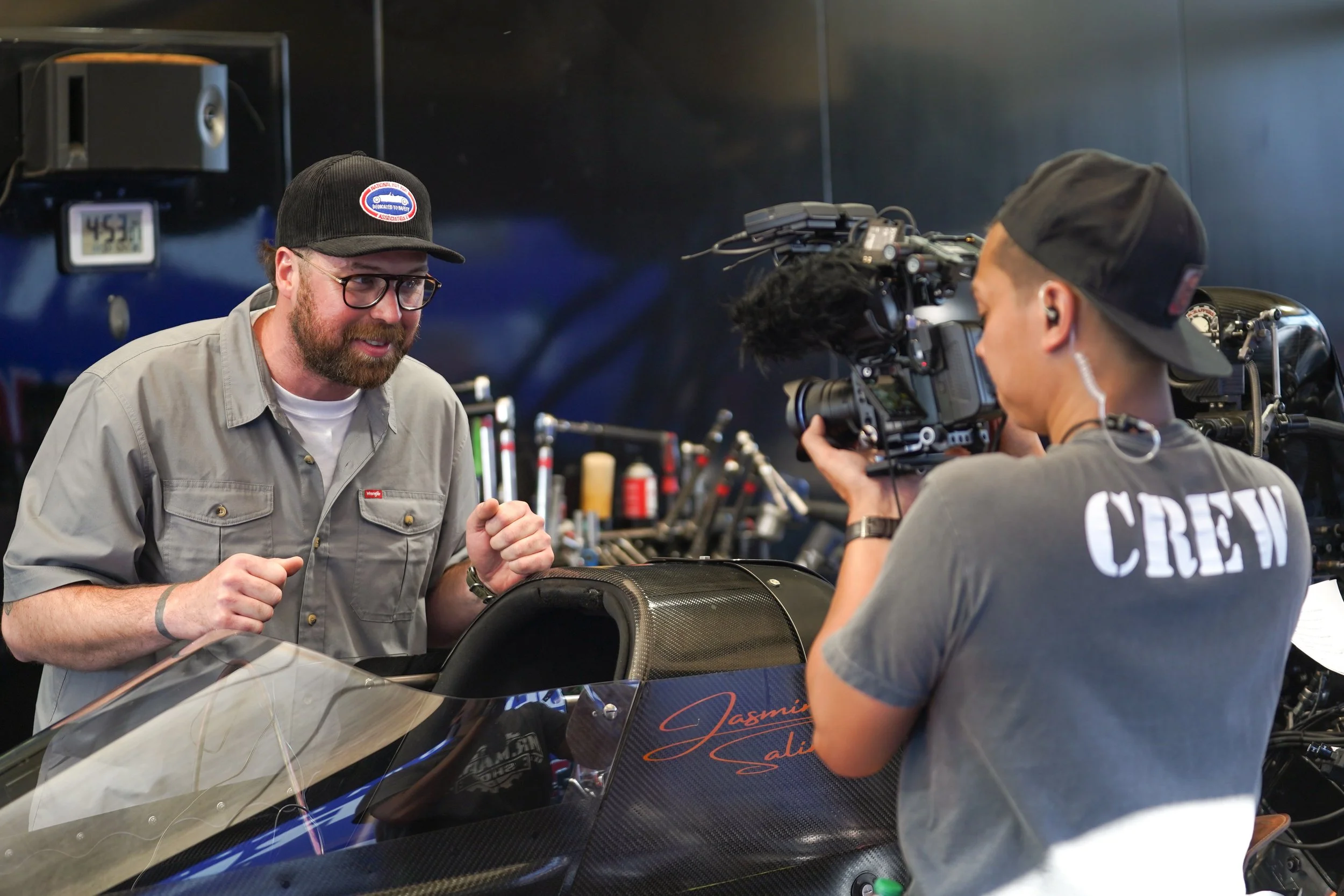 BTS of The Mr. Machine Show. Behind-the-Scenes of The Mr. Machine Show with Tay Whiteside. Drag Racing for kids. Jasmine Salinas on The Mr. Machine Show. The Mr. Machine Show at the NHRA Charlotte 4-Wide Drag Race. 