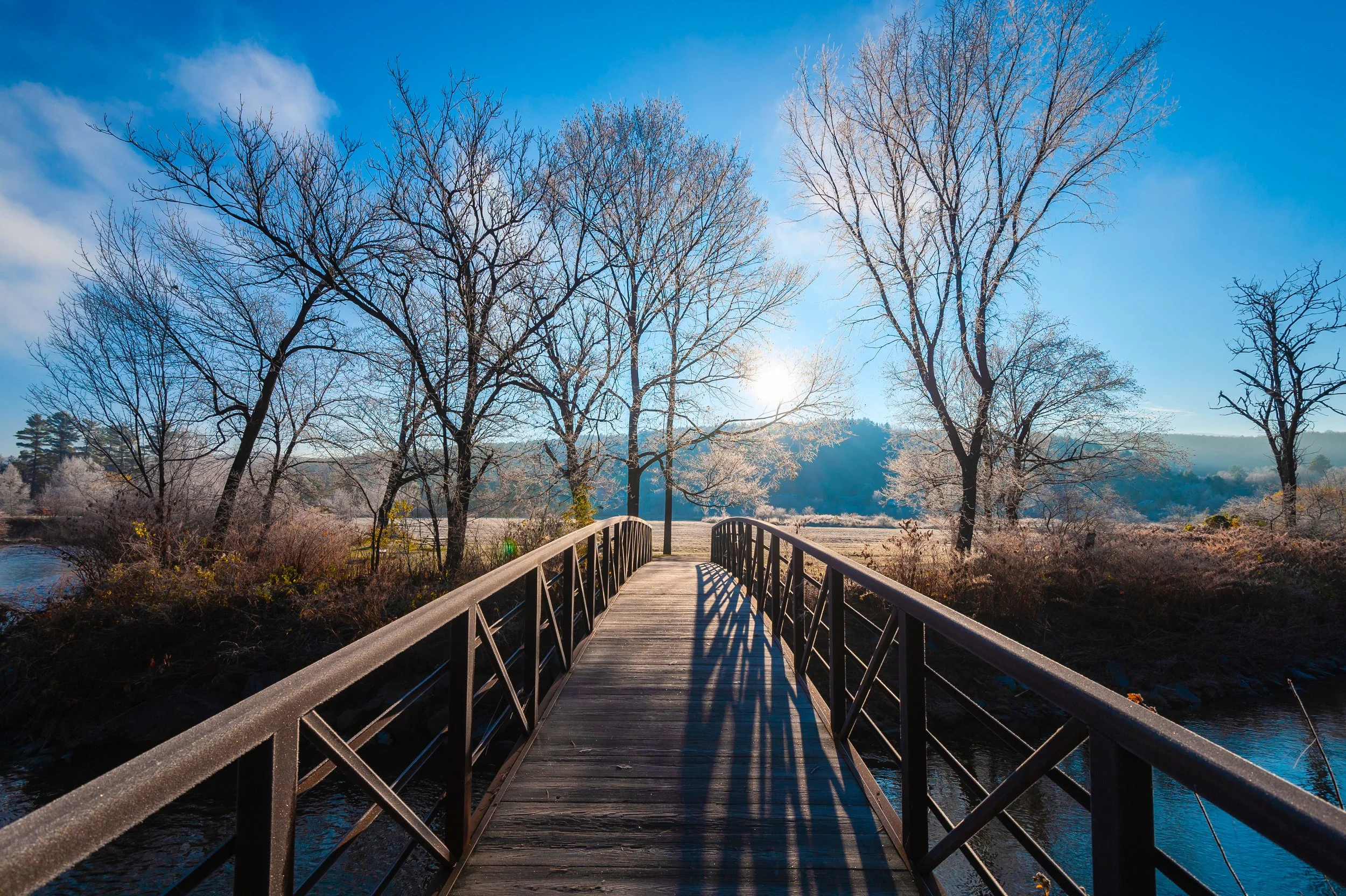 A wooden bridge over a body of water with trees on either side, some with bare branches, and a bright sun in a clear blue sky.