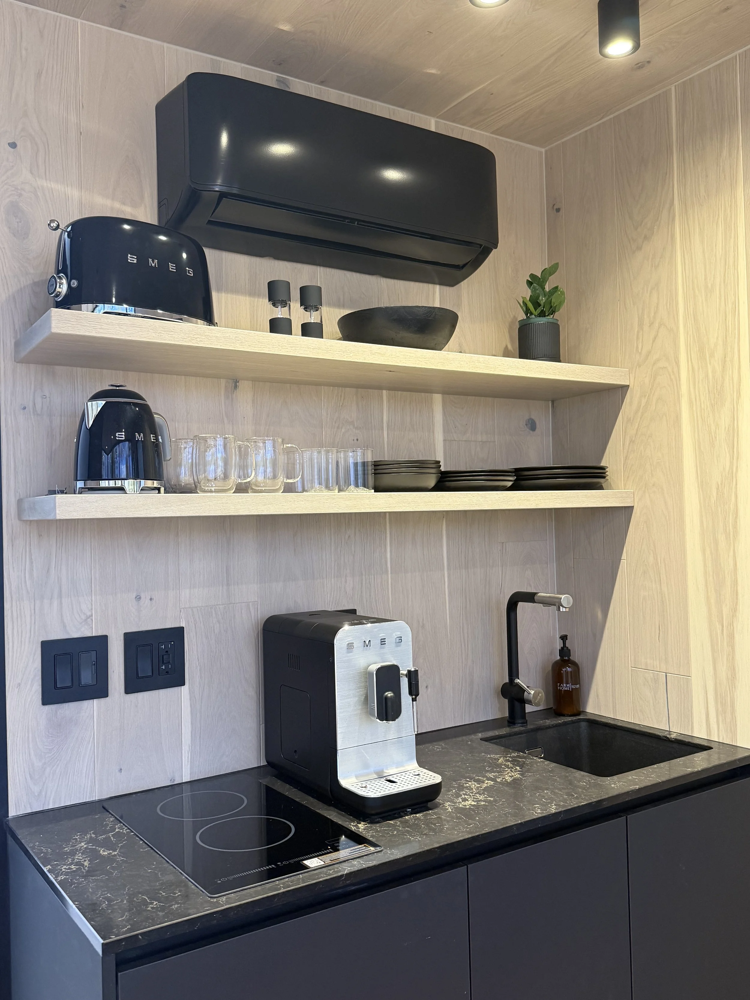 Modern kitchen with black marble countertop, white shelves, black SMEG appliances, a sink, potted plant, black faucet, and black wall-mounted appliances.