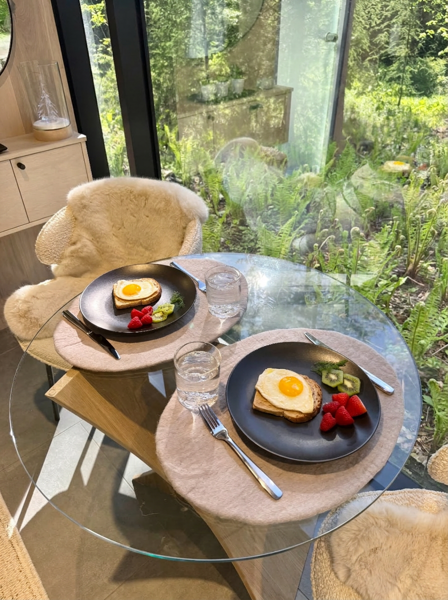 Two black plates with sunny-side-up eggs, strawberries, and kiwi slices on a glass table with place mats, set for breakfast. Clear water glasses beside each plate. Chairs with fuzzy cream-colored cushions and sheepskin throws, large windows overlooki