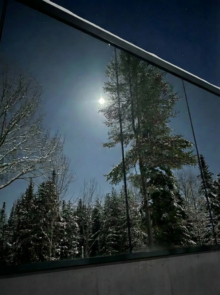Night view of snow-covered trees and a bright moon through a window with thin black frames.