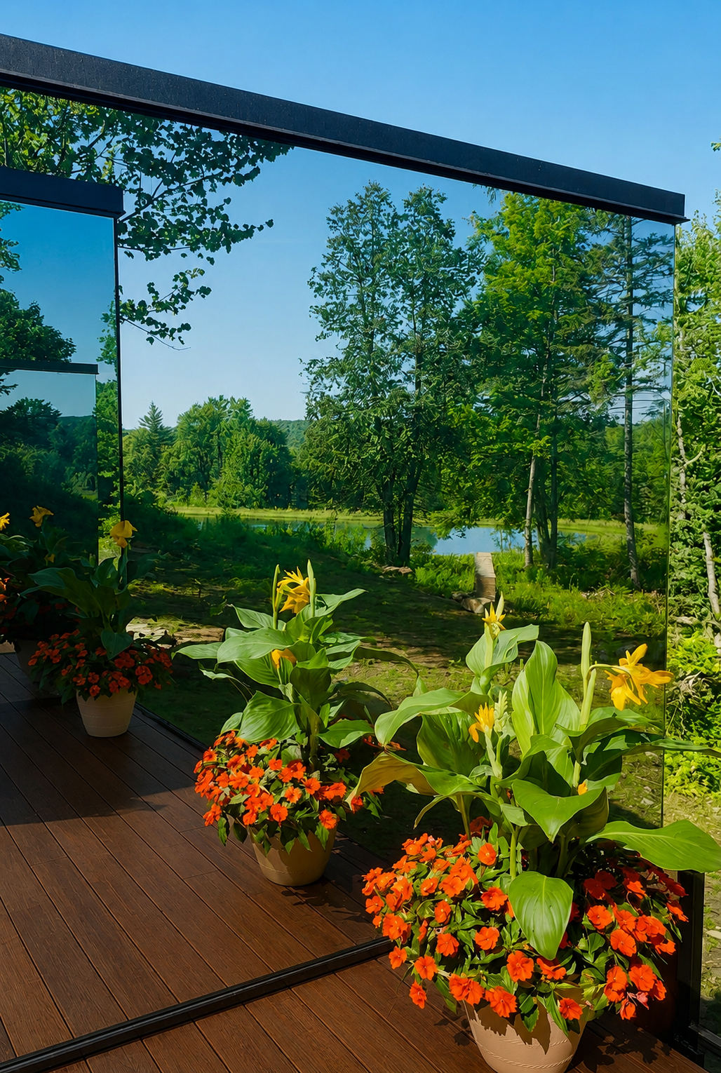 Potted plants with yellow flowers and orange flowers on a wooden deck, reflected in large glass windows showing a green landscape with trees and a pond under a clear blue sky.