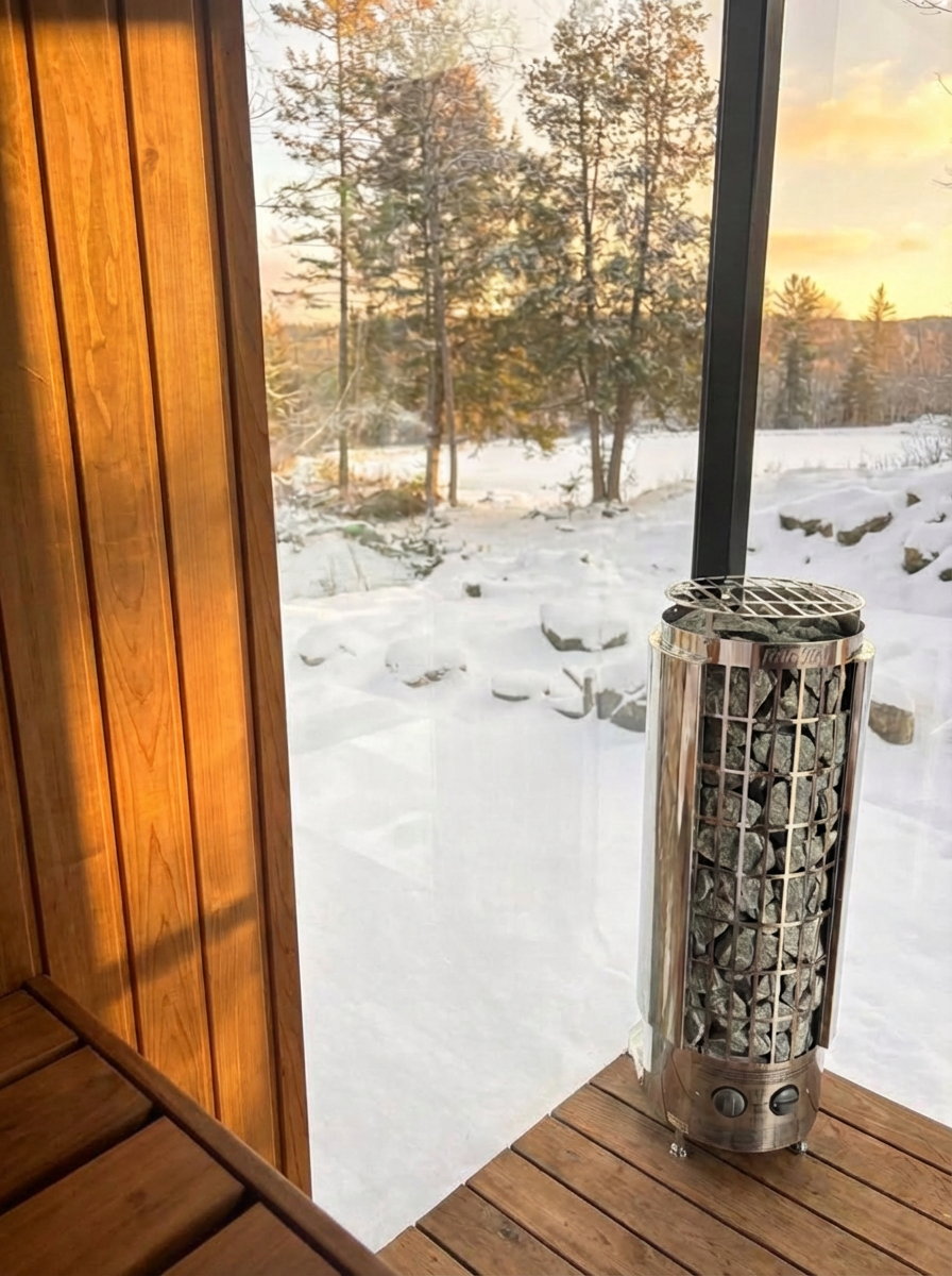 View of a snowy landscape with trees outside a window, and a portable heater with stones inside on a wooden floor inside a cabin.