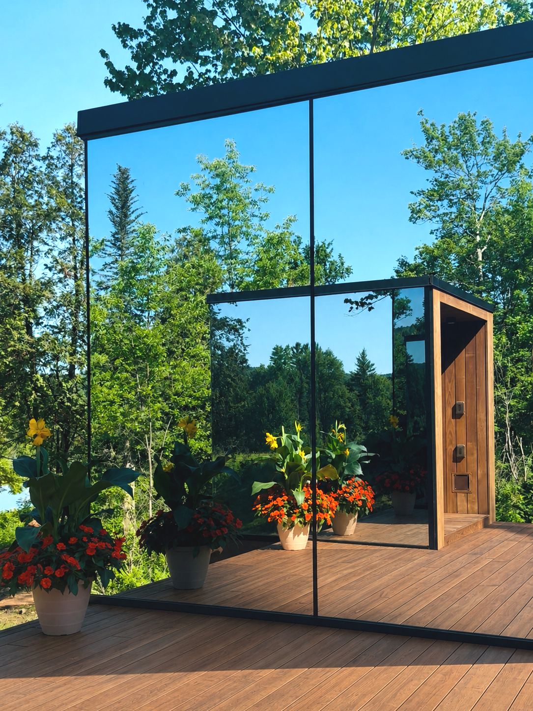 A modern outdoor structure with reflective glass walls mirrors the green trees and blue sky surrounding it, with potted plants and flowers on a wooden deck.