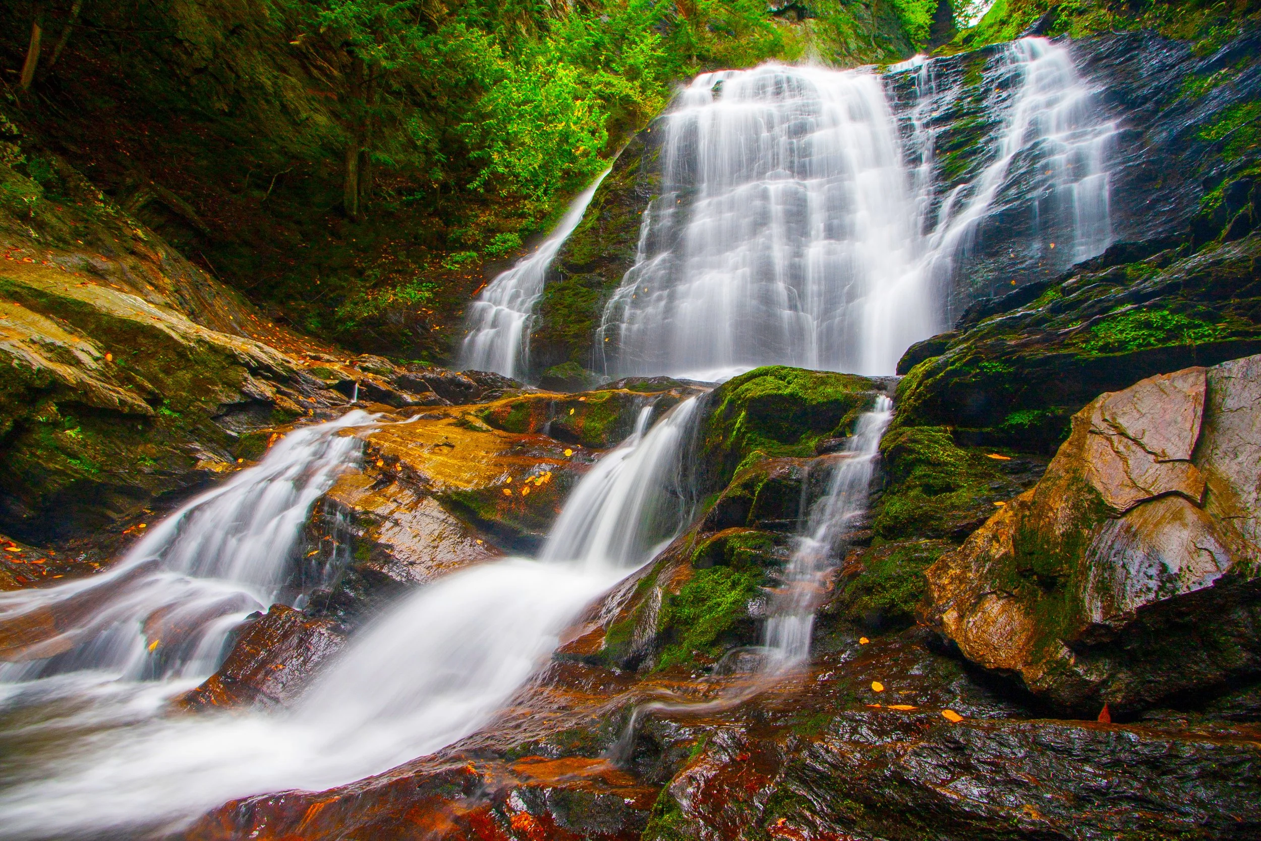 A waterfall cascading down moss-covered rocks in a lush green forest.