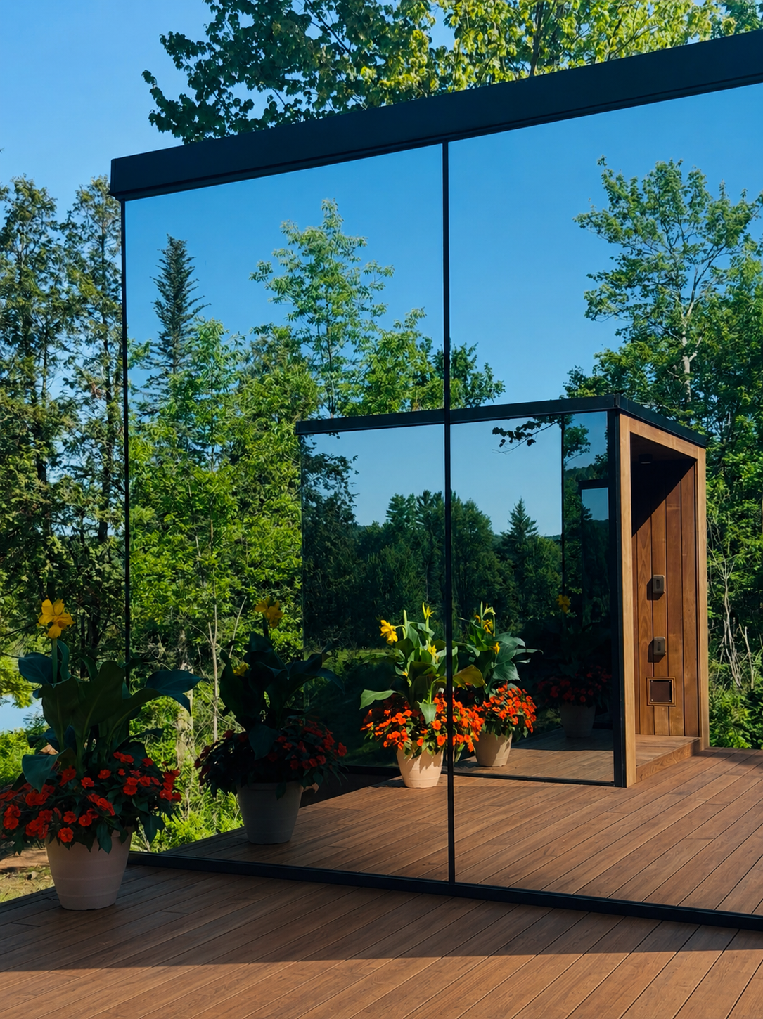 Modern glass building with reflections of green trees and blue sky, wooden deck, and potted plants with colorful flowers.