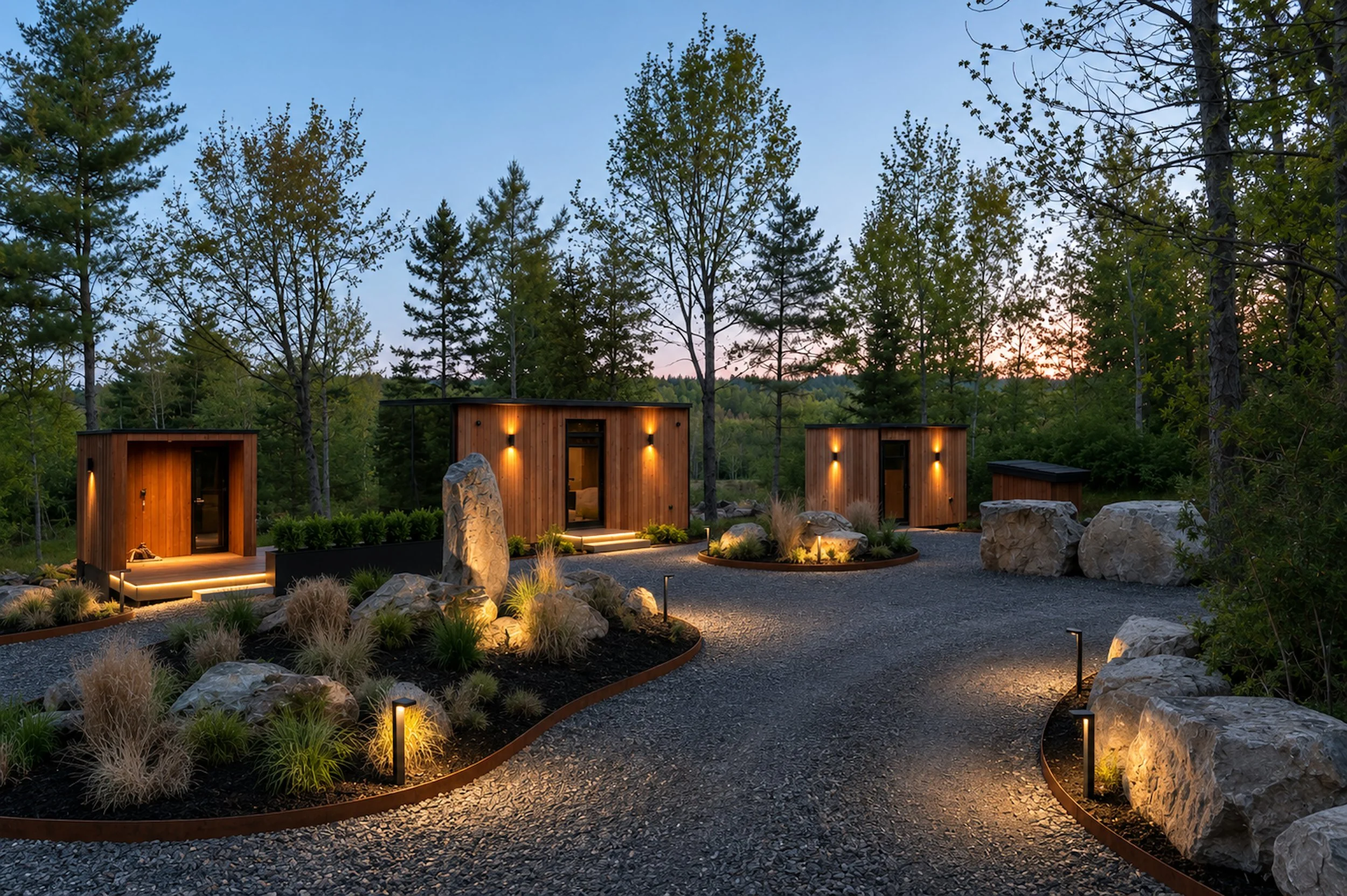 Glass House Sanctuary luxury mountain retreat in Stowe, Vermont featuring modern cabins surrounded by nature at sunset.
