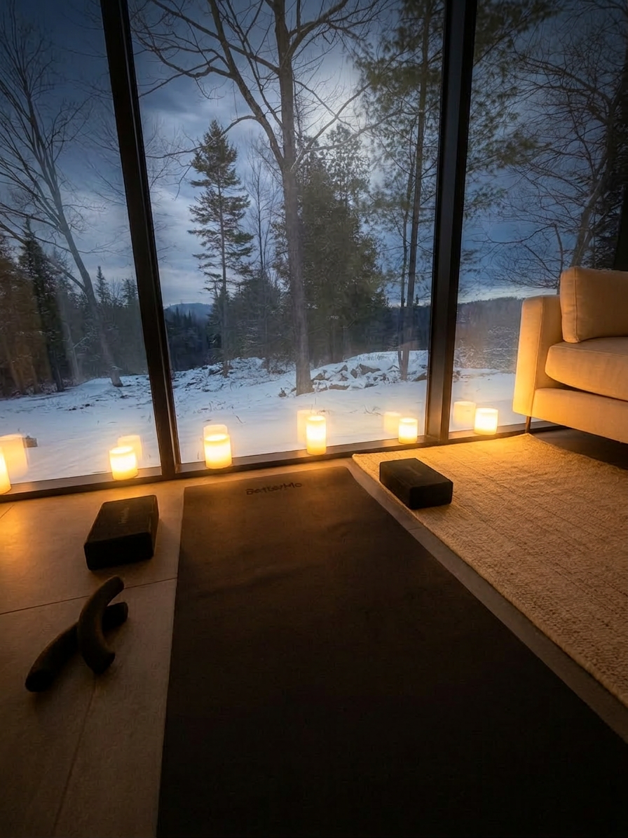 Interior of a cozy room with yoga mat, yoga blocks, and a massage roller, with a large glass window showing a snowy outdoor landscape with trees and mountains, lit by candles along the window sill.