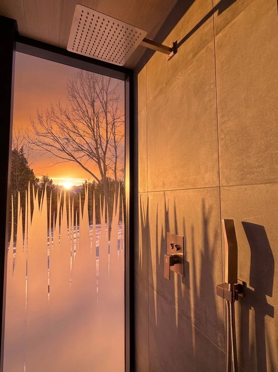 Modern shower with a frosted glass door showing a sunset view of trees outside, with warm lighting and minimalist fixtures on the tiled wall.
