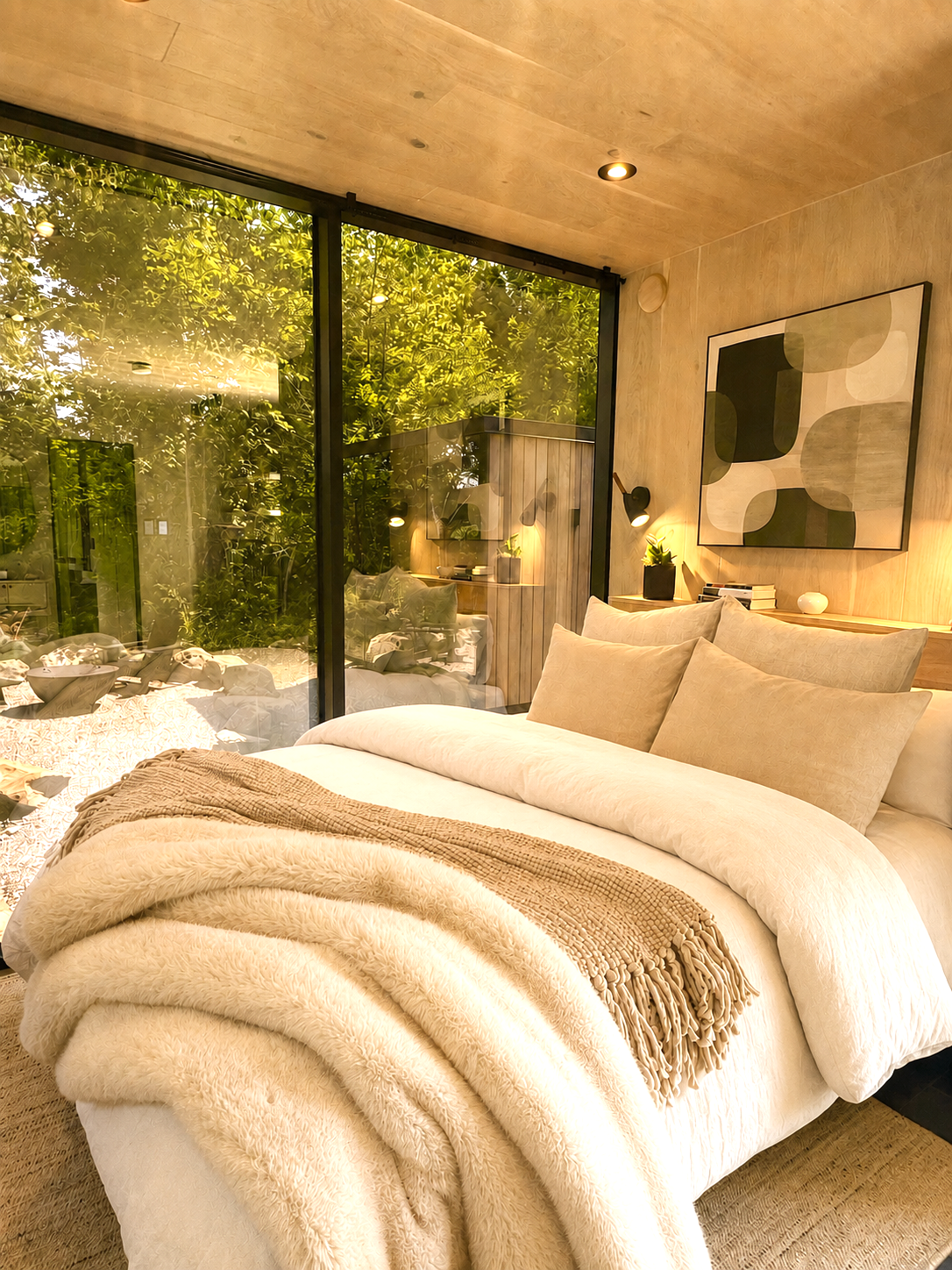 A cozy bedroom with a large bed dressed in beige and cream bedding, a blanket draped over the foot, and a modern wall art piece hanging above. Large glass sliding doors reveal a lush green outdoor area with trees.