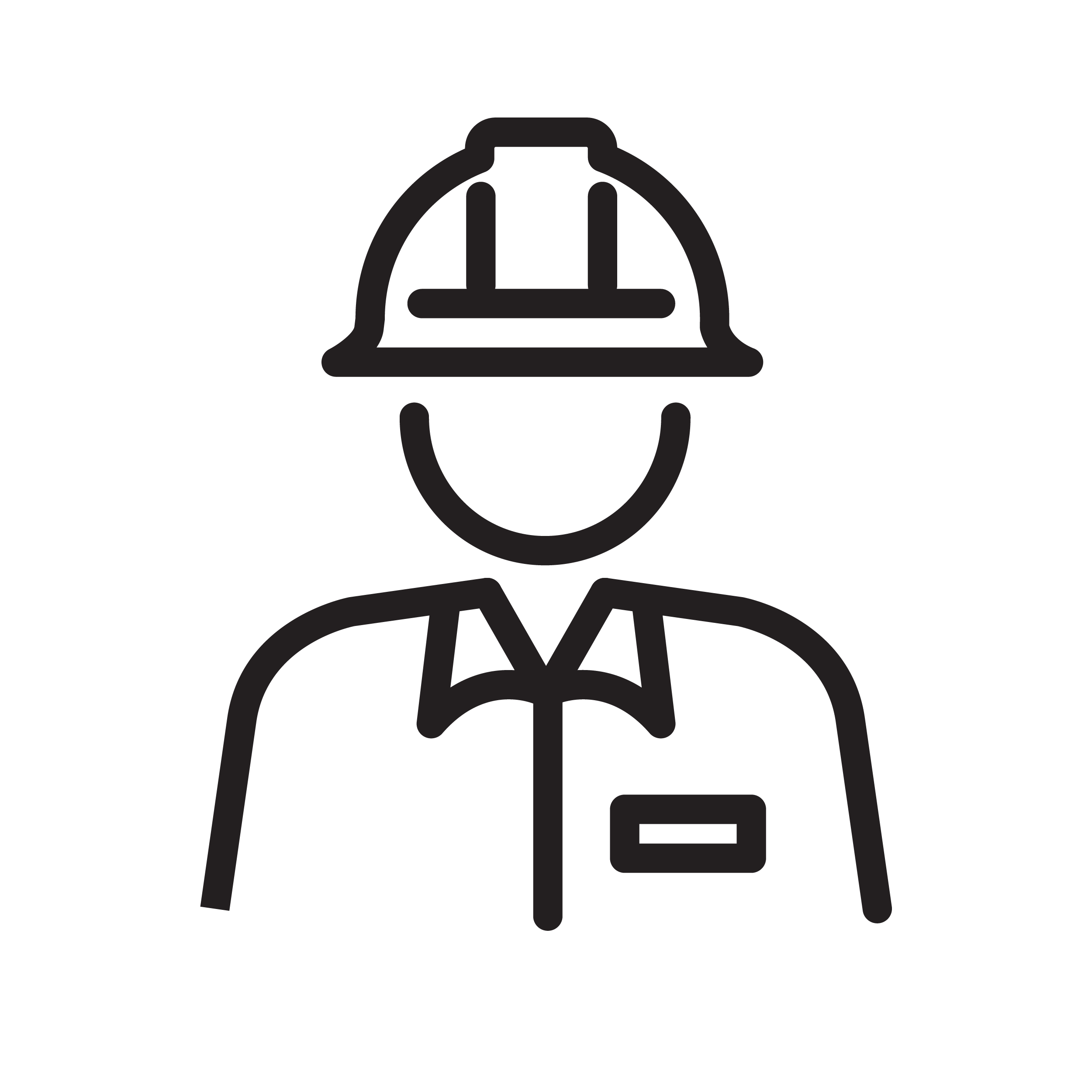 Outline of a person in a suit and tie, with a railway-style bell icon centered on the chest.