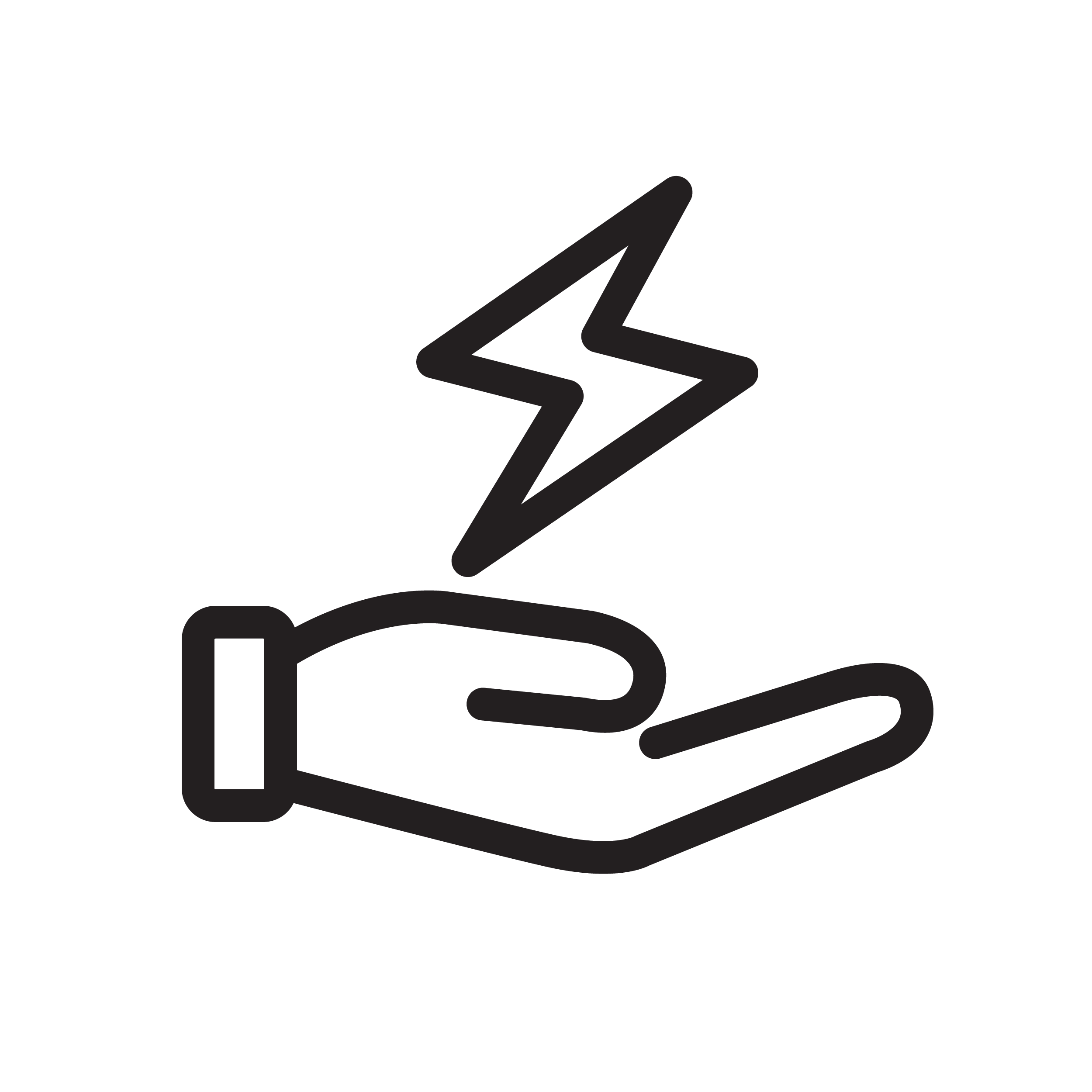 Black outline of a person holding a piece of paper in front of a laptop, with lightning bolts above, illustrating a concept of electricity or power.