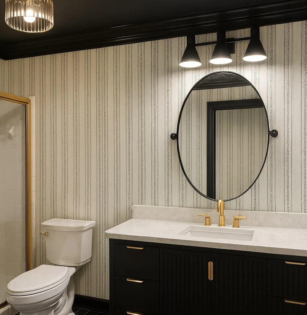 Modern bathroom with a black vanity, white countertop, gold fixtures, and a round mirror. Features a white toilet and a shower with a glass door and gold trim. Wall is decorated with striped wallpaper, and suspended lights illuminate the space.