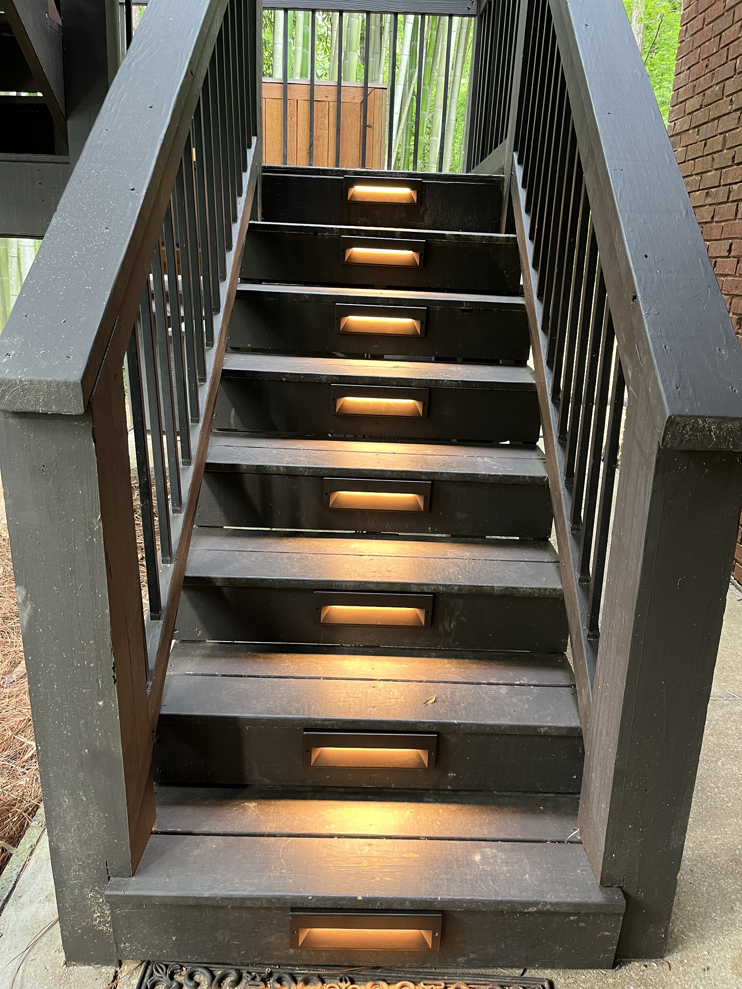 Black outdoor staircase with five steps, each illuminated with small built-in lights, leading up to a deck with bamboo plants and greenery in the background.
