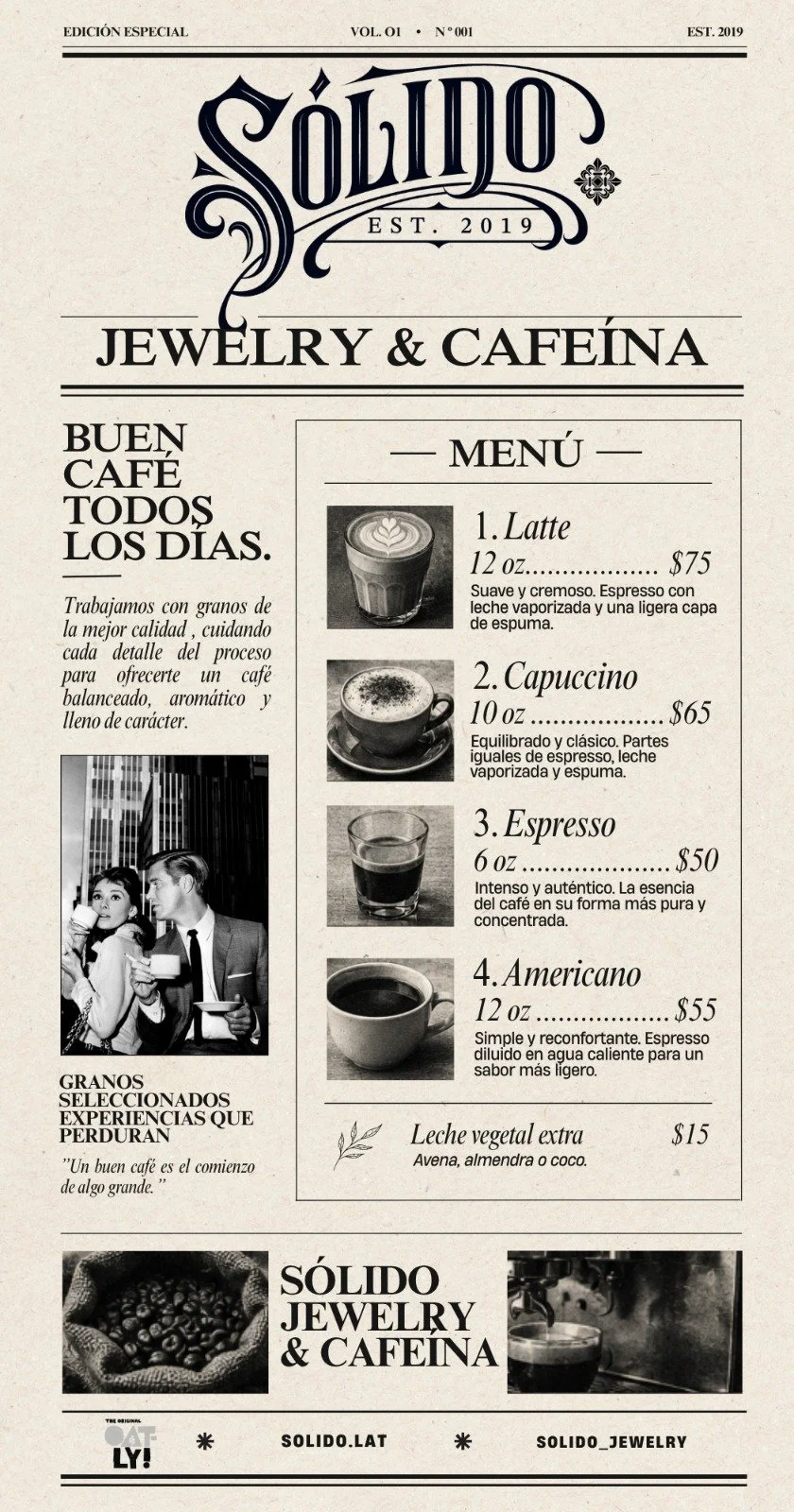 Menú de cafetería disponible en Sólido Jewelry & Cafeína con estilo vintage que ofrece diversas bebidas de café, incluyendo latte, cappuccino, espresso y americano, además de opciones de leches vegetales. , establecido en 2019.