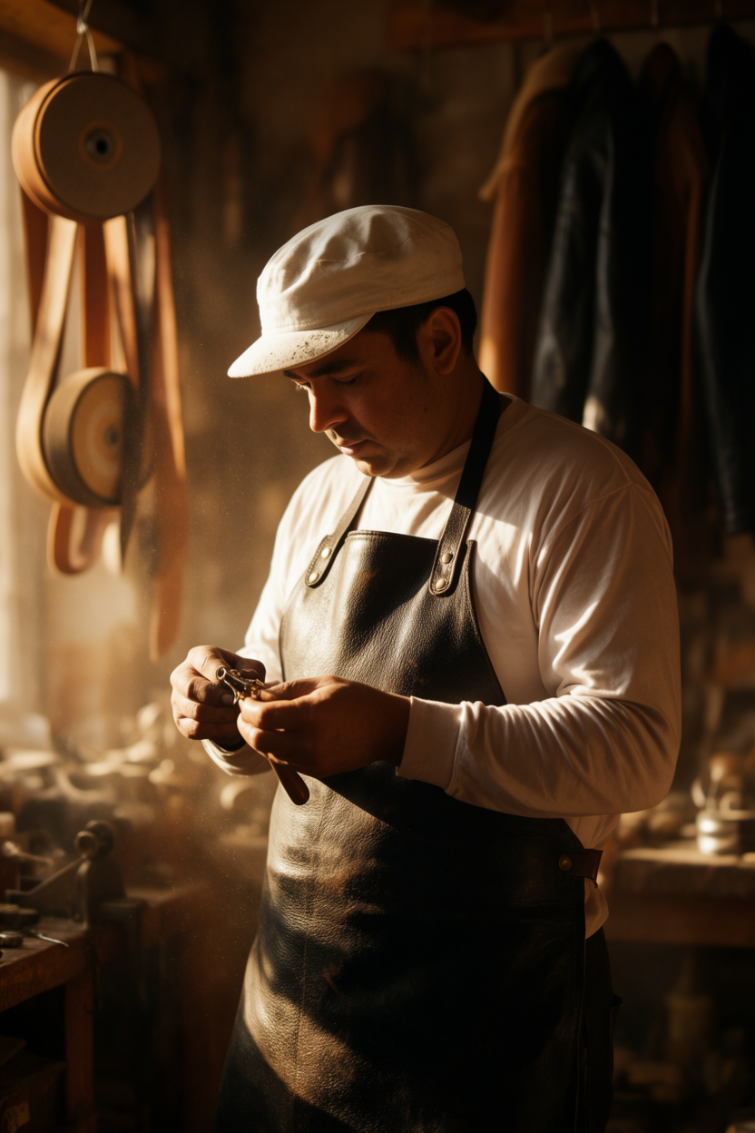 Hombre con gorra y camisa blanca de manga larga, vestido con delantal negro, trabaja en un taller rústico con iluminación tenue. Rodeado de herramientas y prendas colgadas al fondo, observa o elabora cuidadosamente una pieza de trabajo artesanal.
