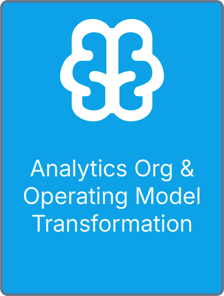 Blue informational sign with a white brain icon at the top, reading "Analytics Org & Operating Model Transformation."