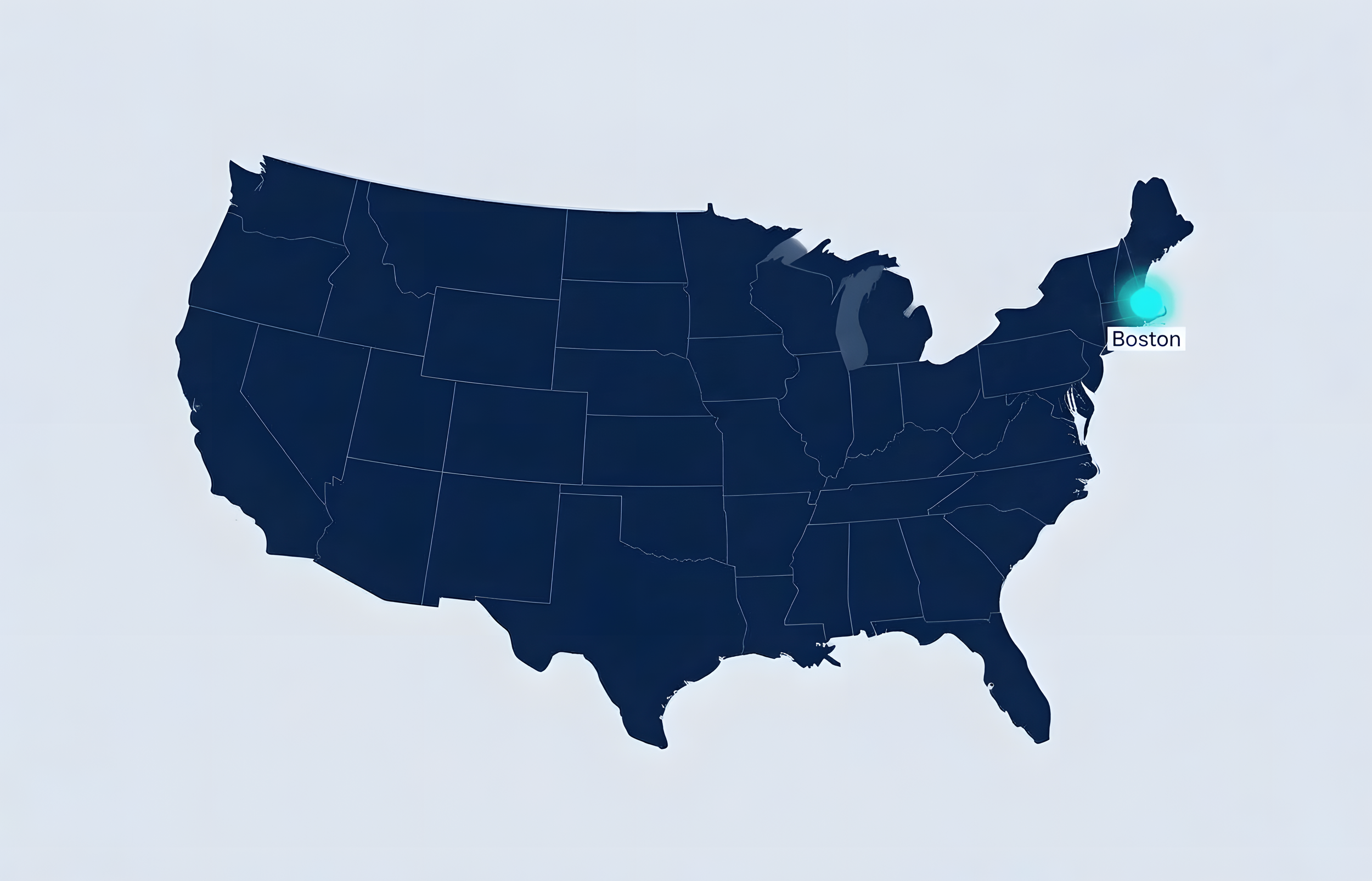 Map of the United States with a focus on Boston, highlighted with a glowing blue dot.
