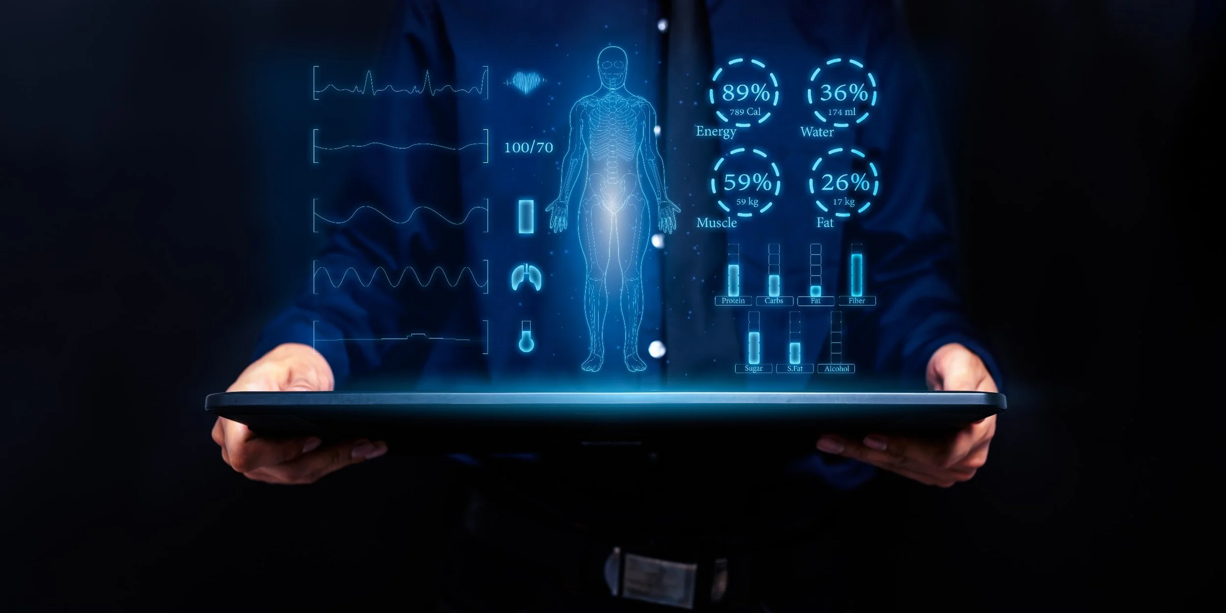 The image shows a person holding a tablet with a holographic display of a human body and health data, including heart rate, calories, water intake, muscle mass, fat percentage, and other health metrics.