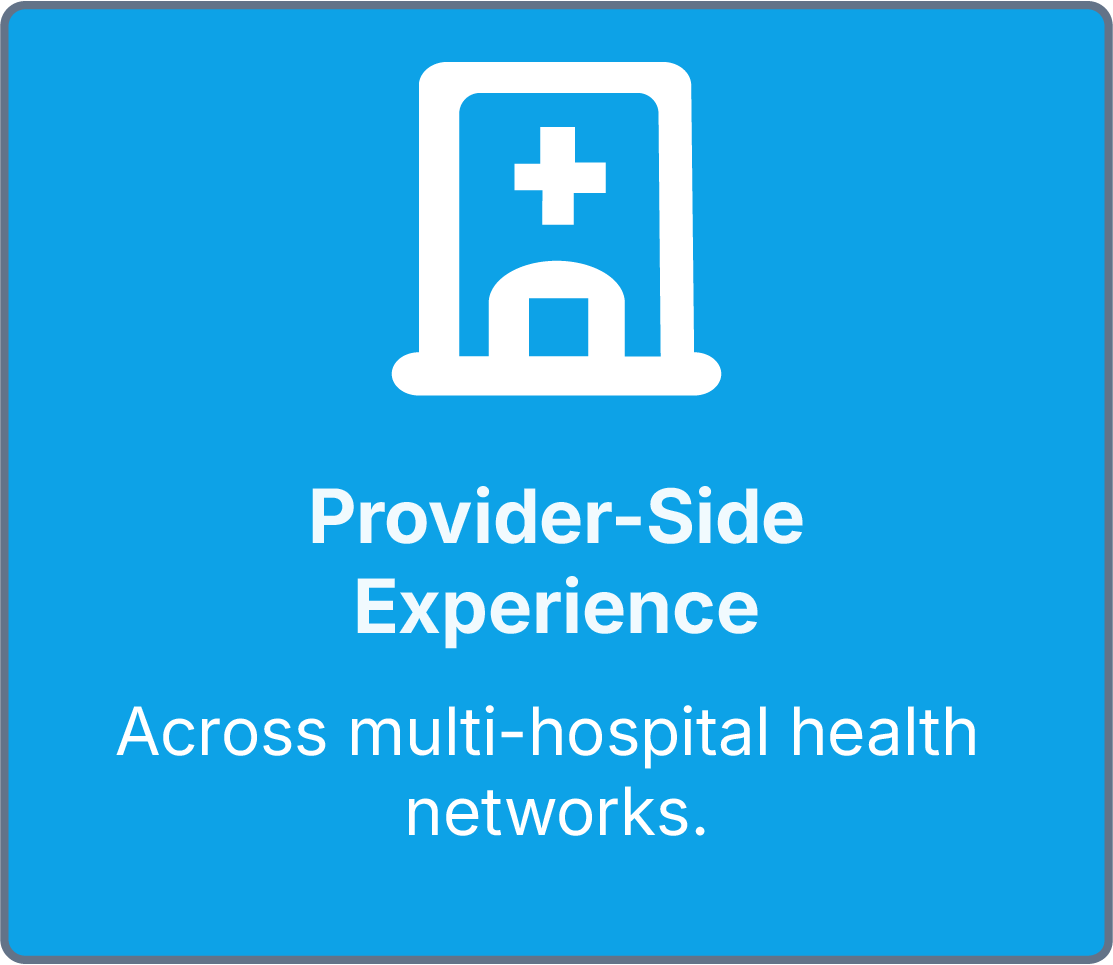 Blue sign with a white hospital building icon and a cross, and the text 'Provider-Side Experience Across multi-hospital health networks.'