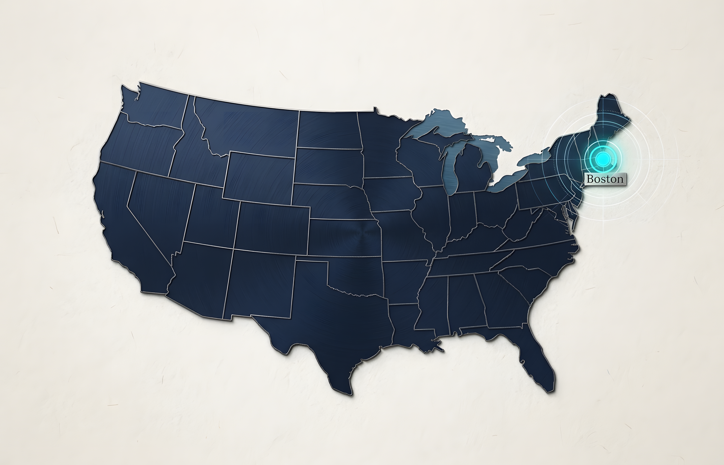 A map of the United States with a 3D dark blue design, highlighting Boston on the east coast with a digital hotspot and label.
