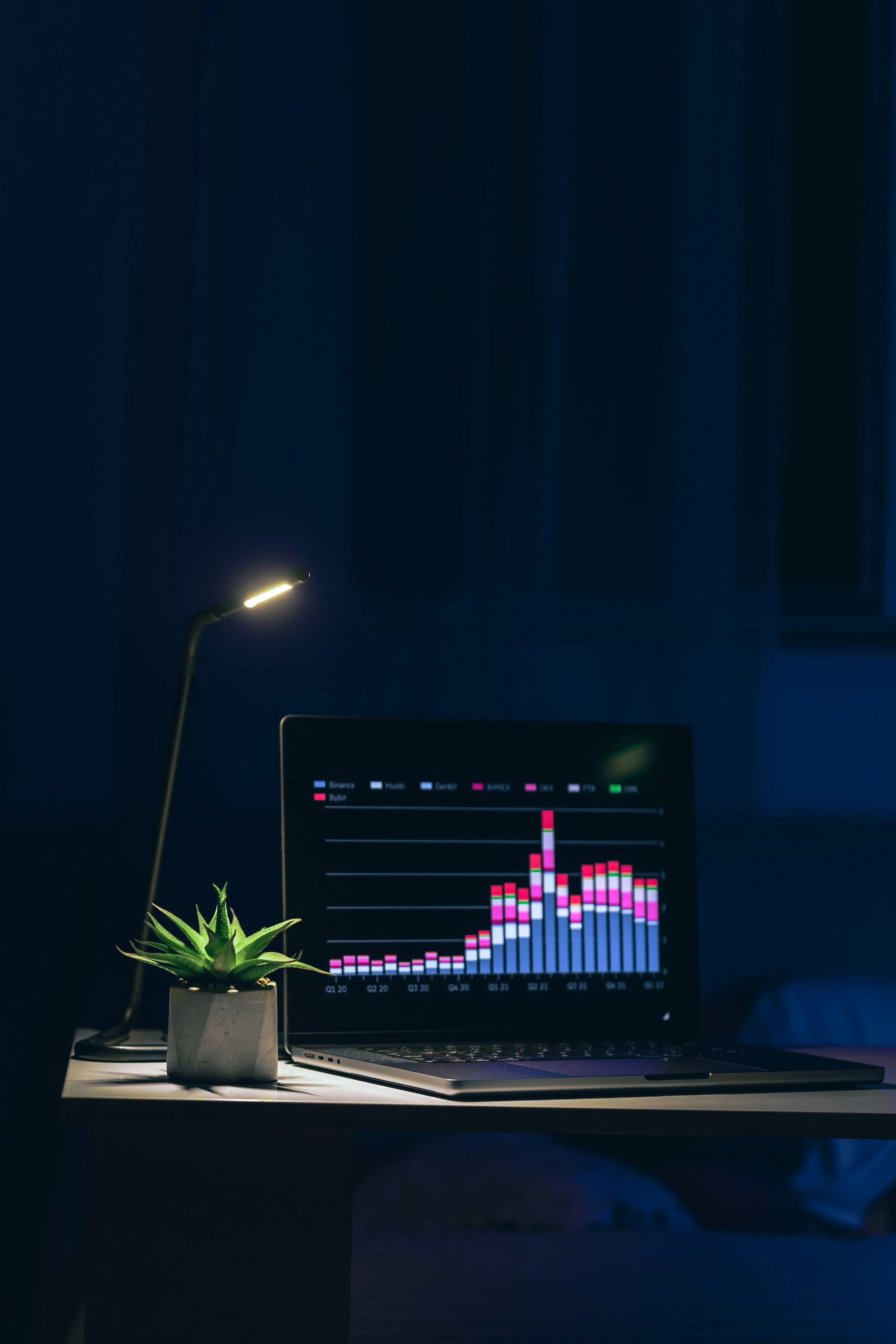 A desk with a pot plant, a computer monitor displaying a bar chart, and a desk lamp in a dark room.