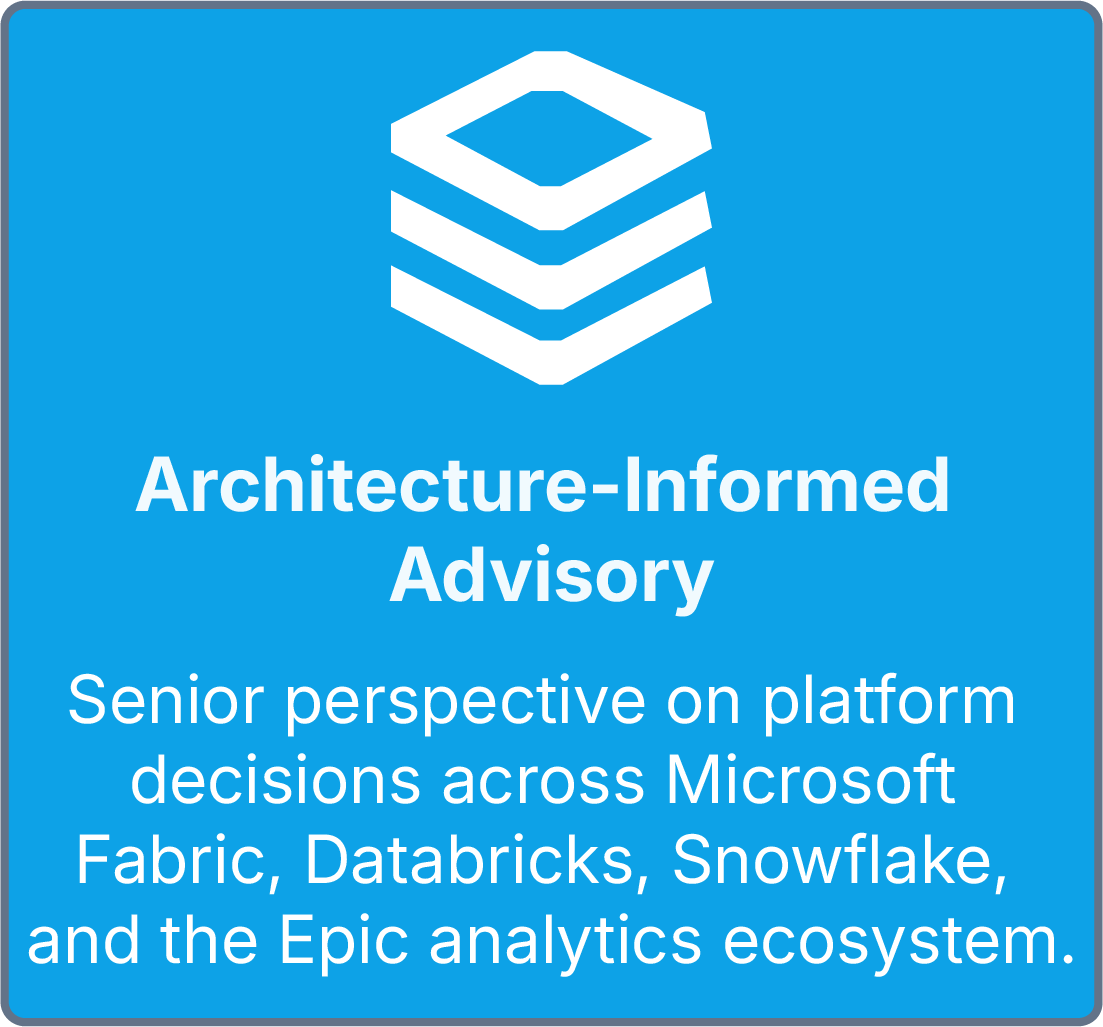 Blue sign with white icon of layered blocks and white text reading 'Architecture-Informed Advisory: Senior perspective on platform decisions across Microsoft Fabric, Databricks, Snowflake, and the Epic analytics ecosystem.'