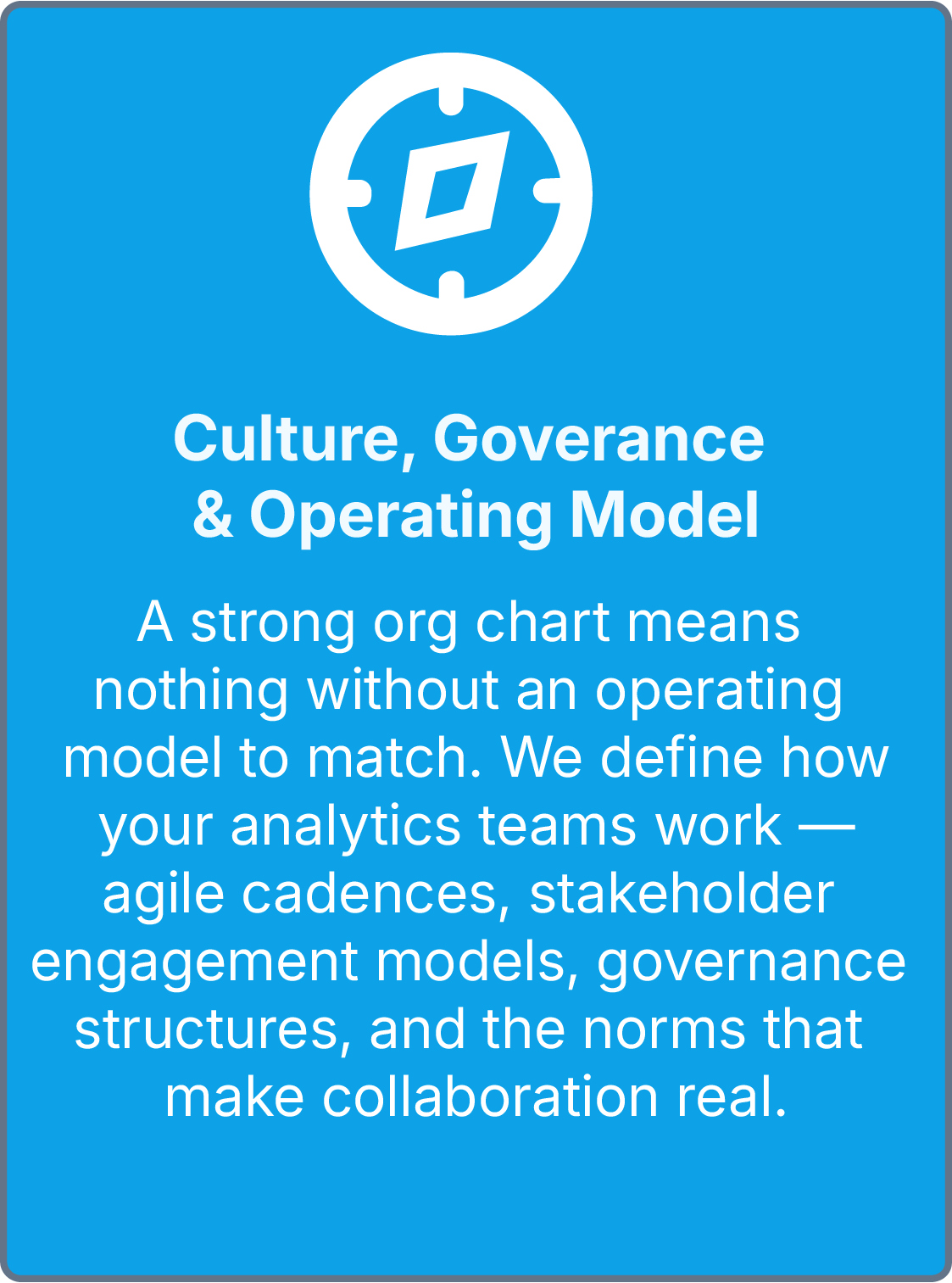 Blue informational poster with a logo at the top and text about culture, governance, and operating model in organizations.