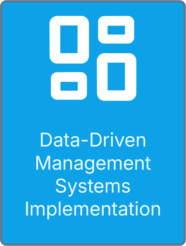 Blue sign with white icon of four interconnected rectangles and text 'Data-Driven Management Systems Implementation'.