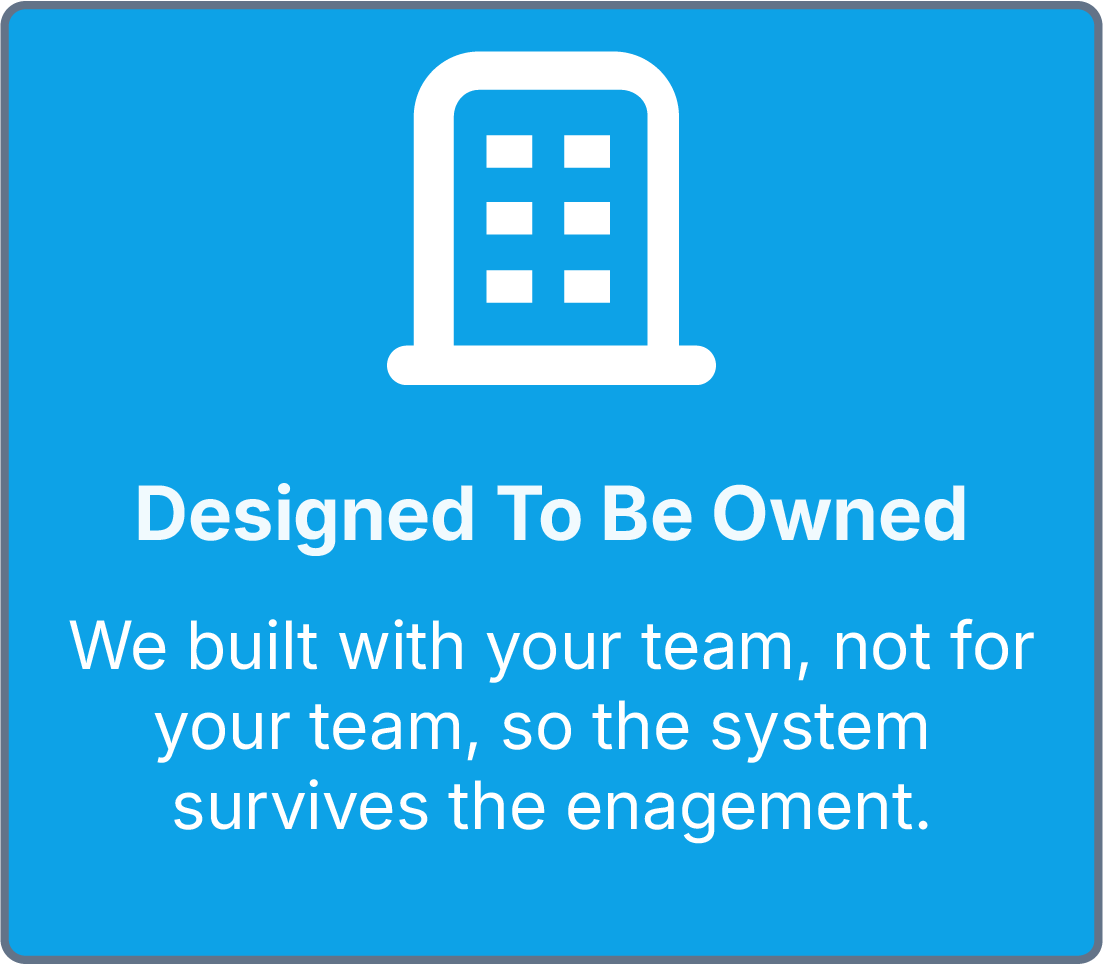 Blue sign with white outline of a building and the text 'Designed To Be Owned' and a message about building with your team to ensure the system survives.