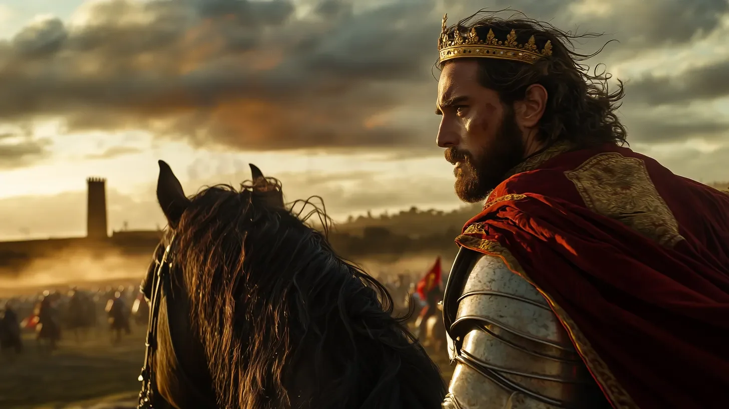 A man dressed as a medieval king, wearing a crown and armor, riding a black horse during sunset, with a battlefield in the background.