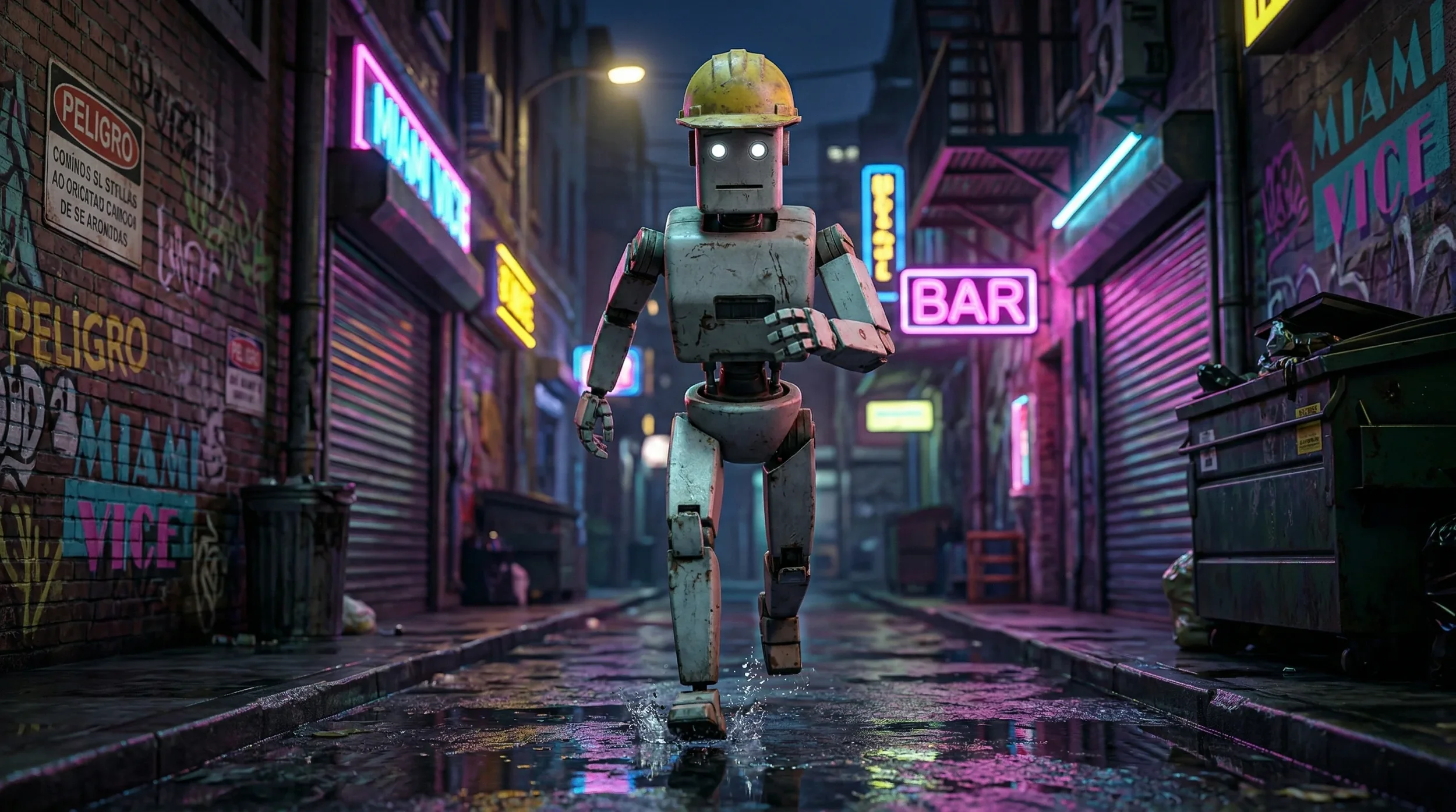 A robot wearing a yellow construction helmet walking down a neon-lit alleyway at night with graffiti-covered brick walls and closed shop shutters.