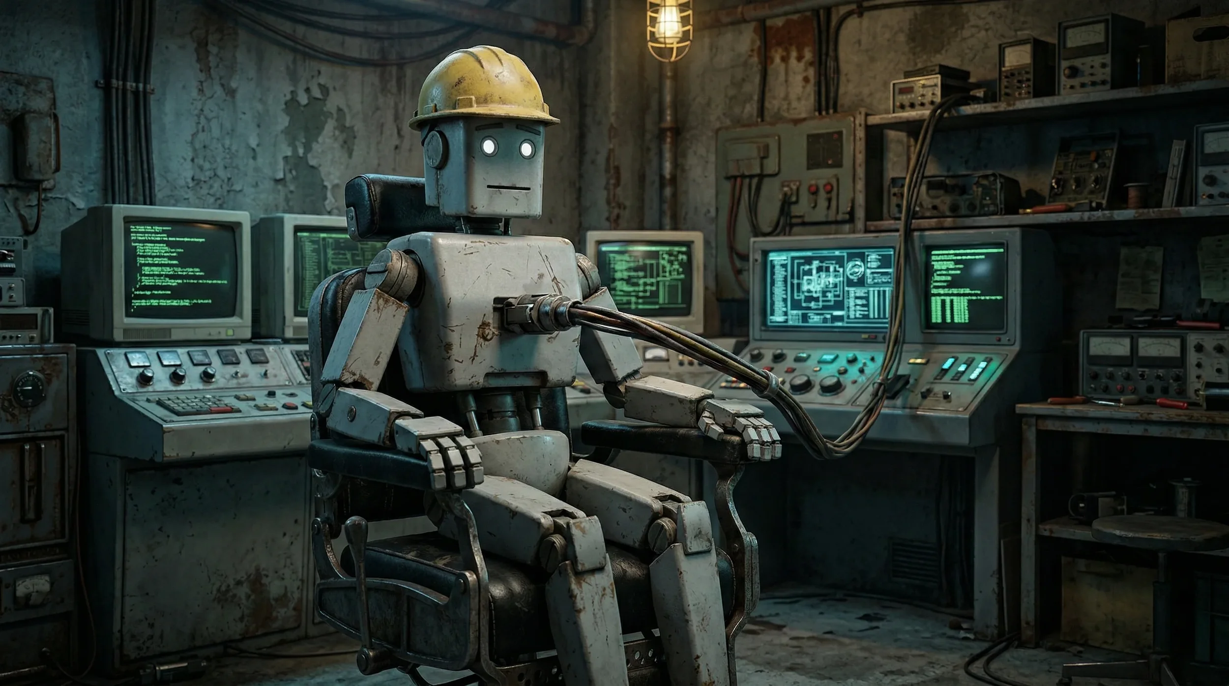 A robot with a humanoid shape, wearing a yellow safety helmet, sits in a cluttered, worn-down industrial lab with multiple computer monitors and electronic equipment.