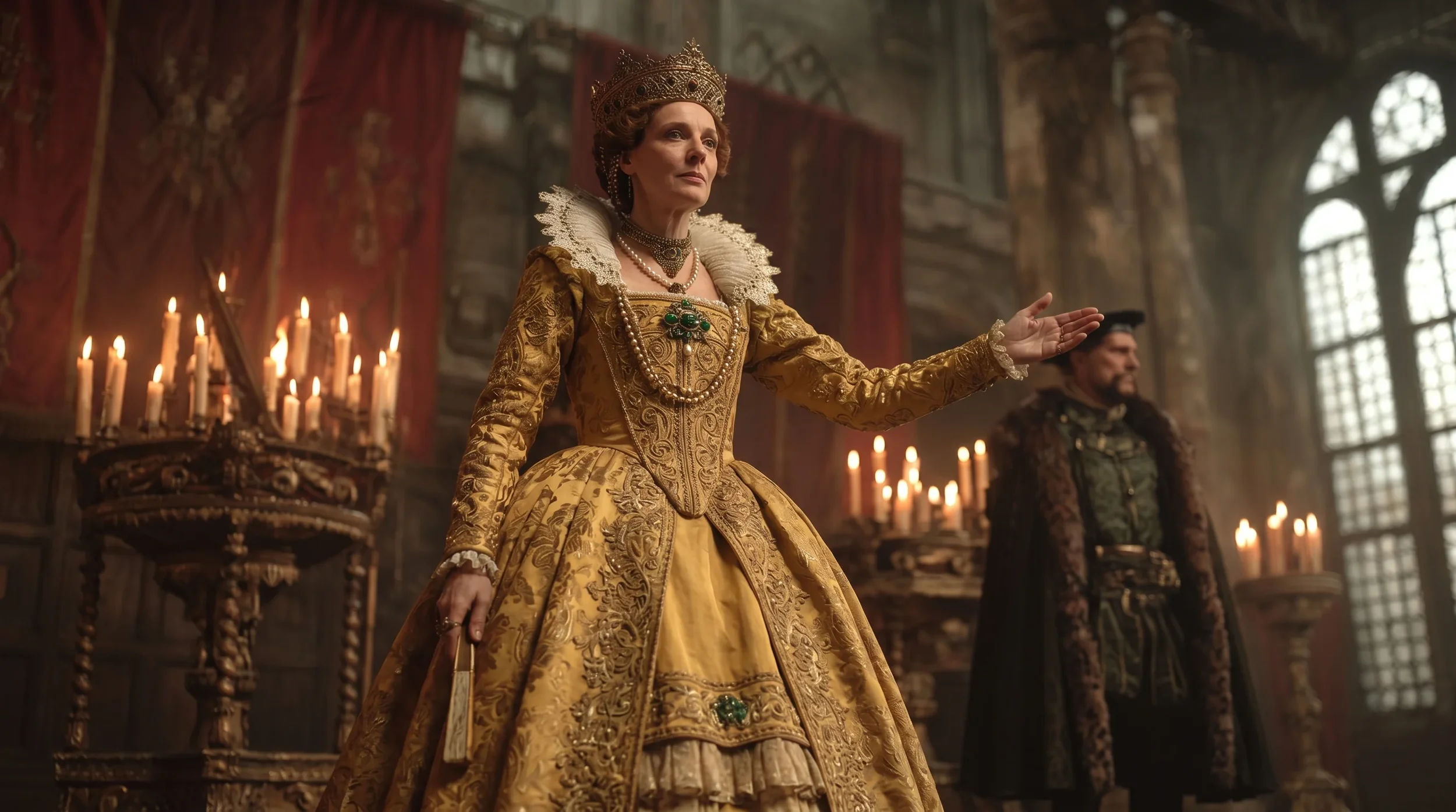 A woman dressed in an ornate gold gown with a ruffled neckline and jewelry, wearing a crown, stands in a grand, candle-lit hall with high windows and historic decor, flanked by a man in elaborate clothing.