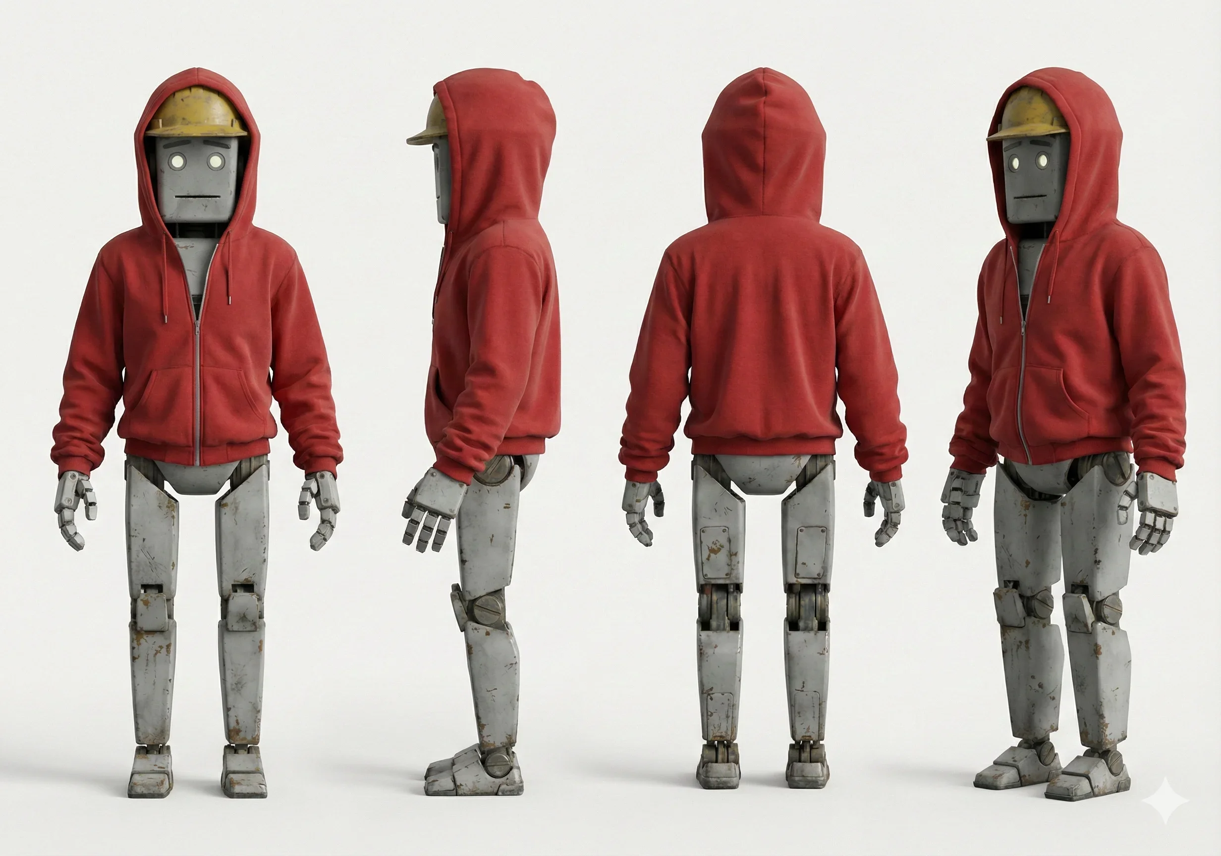 Four humanoid robots with metallic bodies wearing red hoodies, some with yellow construction helmets, standing against a plain white background.
