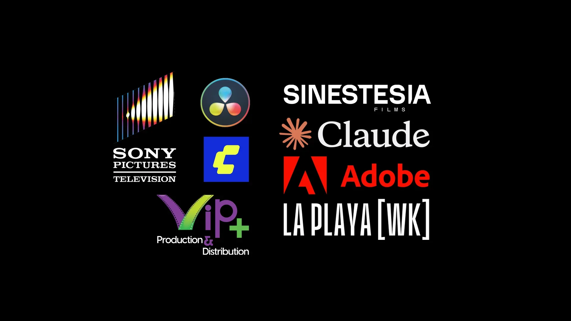 Collection of logos for Sony Pictures Television, Sinestesia Films, Claude, Adobe, La Playa [WK], and others, on a black background.