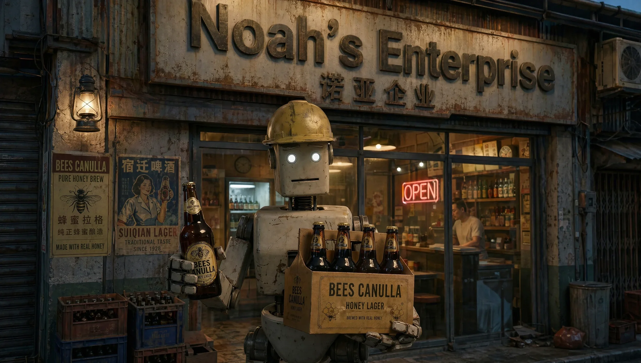 A robot holding a case of bottles labeled 'BEE'S CANULLA HONEY LAGER' stands outside a rustic, vintage-style shop with a sign reading 'Noah's Enterprise.' The shop has an 'Open' sign in the window, posters advertising honey beer and lager, and bottle