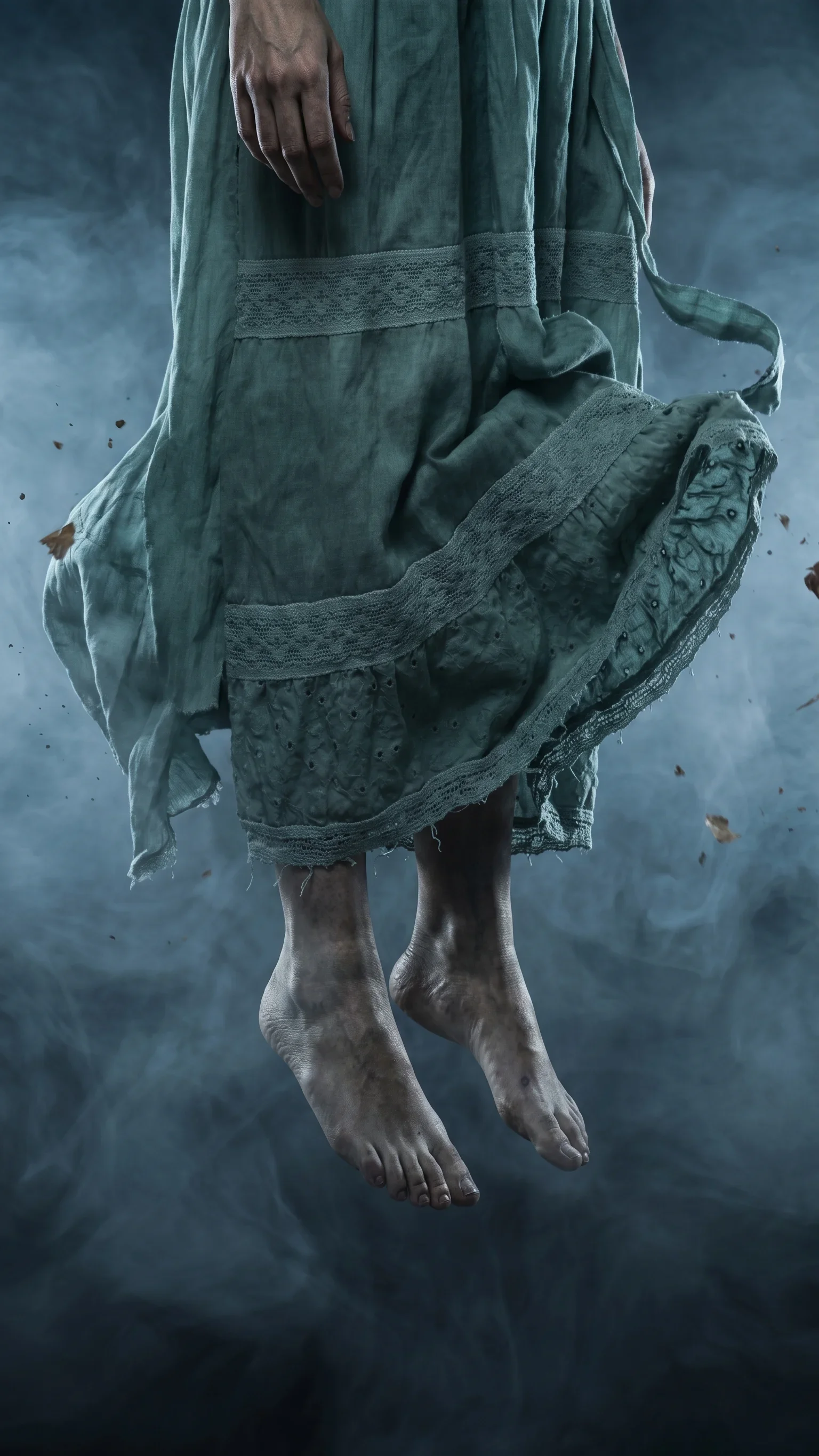 A person wearing a tattered dress standing on their toes with a cloudy background.