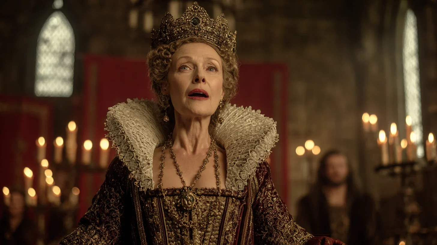 An elderly woman dressed as a queen, wearing an elaborate crown and ornate gown with lace and jewelry, standing in a medieval-style hall with stained-glass windows and candles, with a serious or distressed expression.
